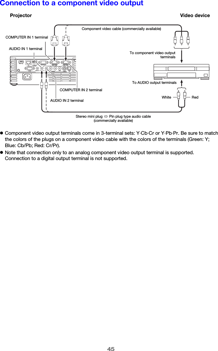 45Connection to a component video outputzComponent video output terminals come in 3-terminal sets: Y·Cb·Cr or Y·Pb·Pr. Be sure to match the colors of the plugs on a component video cable with the colors of the terminals (Green: Y; Blue: Cb/Pb; Red: Cr/Pr).zNote that connection only to an analog component video output terminal is supported.Connection to a digital output terminal is not supported.ProjectorAUDIO IN 1 terminalCOMPUTER IN 1 terminalStereo mini plug Ù Pin plug type audio cable (commercially available)Component video cable (commercially available)To component video outputterminalsTo AUDIO output terminalsVideo deviceRedWhiteAUDIO IN 2 terminalCOMPUTER IN 2 terminal