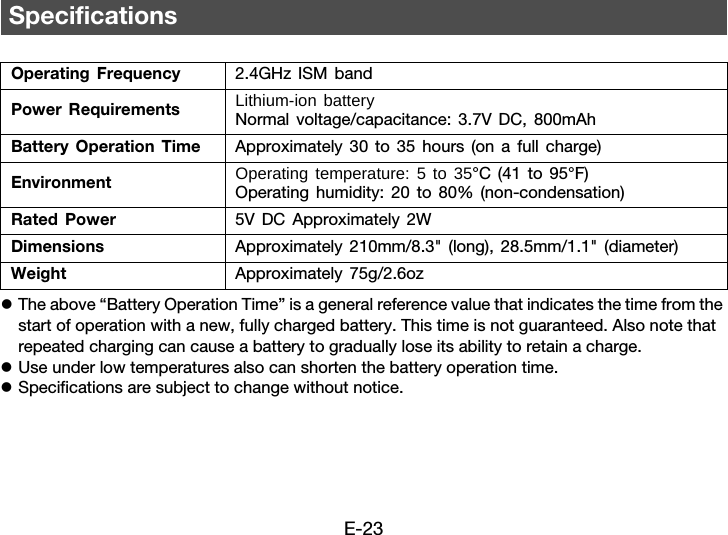 E-23zThe above “Battery Operation Time” is a general reference value that indicates the time from the start of operation with a new, fully charged battery. This time is not guaranteed. Also note that repeated charging can cause a battery to gradually lose its ability to retain a charge.zUse under low temperatures also can shorten the battery operation time.zSpecifications are subject to change without notice.SpecificationsOperating Frequency 2.4GHz ISM bandPower Requirements Lithium-ion batteryNormal voltage/capacitance: 3.7V DC, 800mAhBattery Operation Time Approximately 30 to 35 hours (on a full charge)Environment Operating temperature: 5 to 35°C (41 to 95°F)Operating humidity: 20 to 80% (non-condensation)Rated Power 5V DC Approximately 2WDimensions Approximately 210mm/8.3&quot; (long), 28.5mm/1.1&quot; (diameter)Weight Approximately 75g/2.6oz