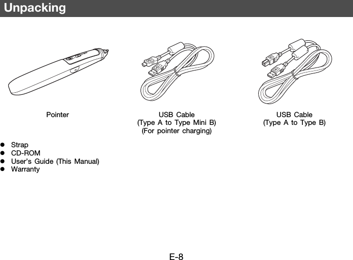 E-8zStrapzCD-ROMzUser’s Guide (This Manual)zWarrantyUnpackingPointer USB Cable (Type A to Type Mini B)(For pointer charging)USB Cable (Type A to Type B)