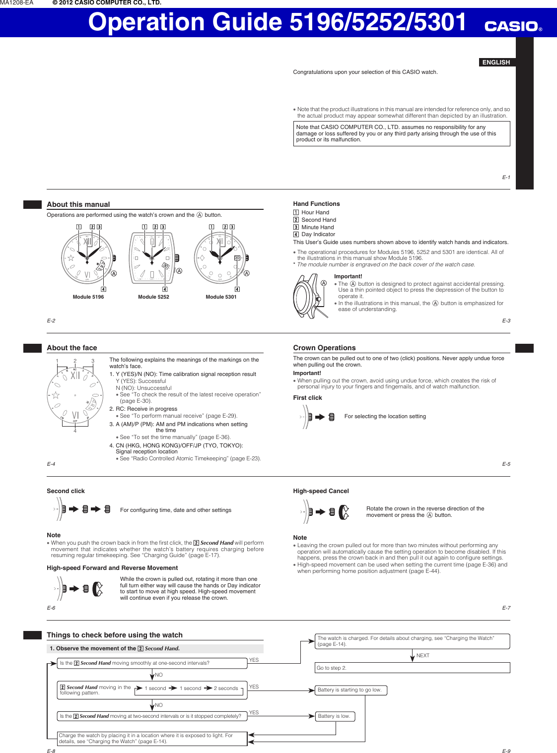 Page 1 of 6 - Casio Casio-Casio-Watch-5252-Users-Manual- QW-5196_5252_5301  Casio-casio-watch-5252-users-manual