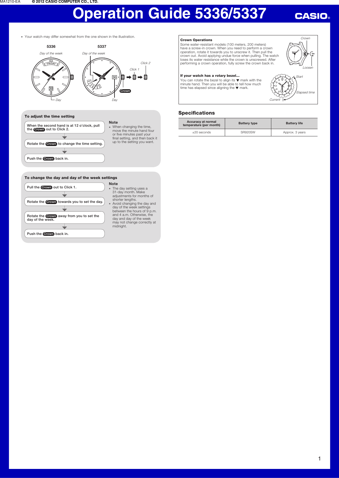 Page 1 of 1 - Casio Casio-Casio-Watch-5337-Users-Manual- QW-5336_5337  Casio-casio-watch-5337-users-manual
