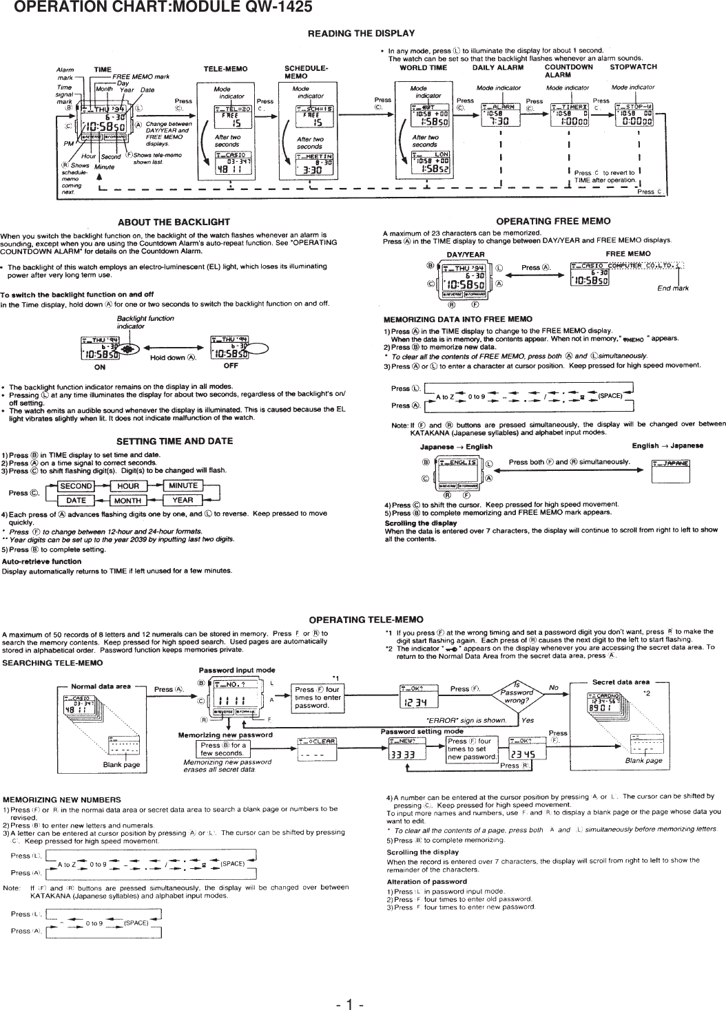 Page 1 of 2 - Casio Casio-Operation-Chart-Module-Qw-1425-Users-Manual- S/M-492(QW-1425)  Casio-operation-chart-module-qw-1425-users-manual