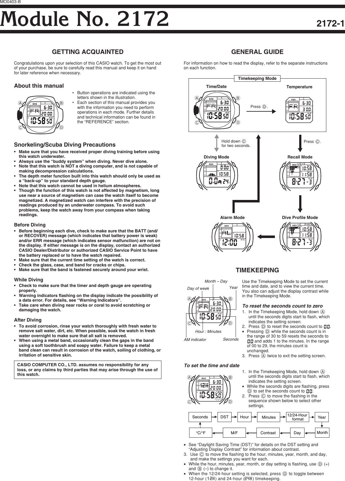 Page 1 of 11 - Casio Casio-Watch-2172-Users-Manual- QW-2172  Casio-watch-2172-users-manual