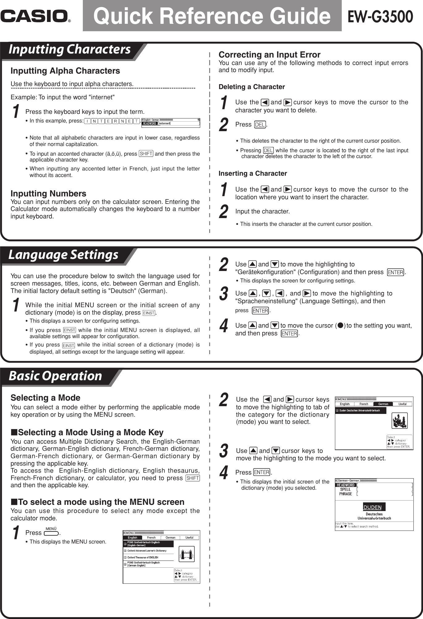 Page 2 of 3 - Casio EW-G3500 Quick Reference Guide EW-G3500_QG QG DE