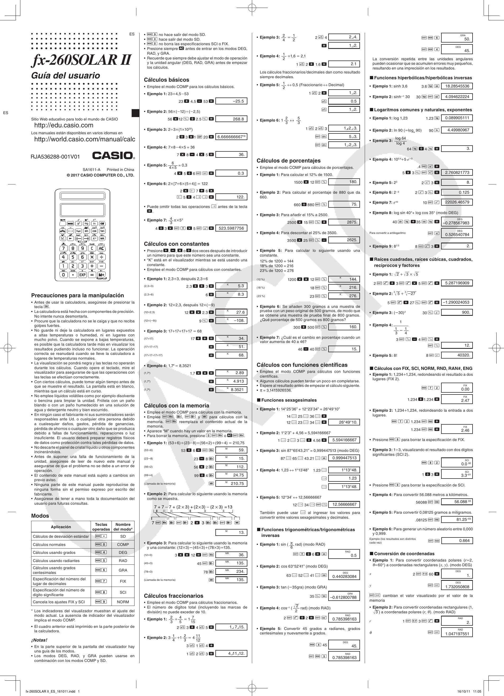 Page 1 of 2 - Casio Fx-260SOLAR II Fx-260SOLARII ES
