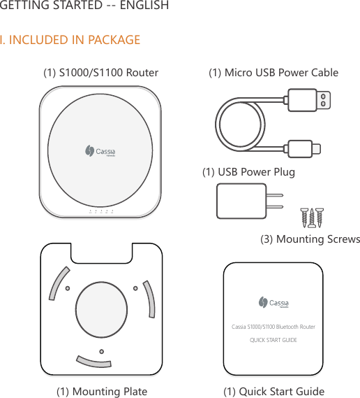 GETTING STARTED -- ENGLISHI. INCLUDED IN PACKAGE(1) Quick Start Guide(1) Mounting PlateWIFI BT SYS PRW ETHCassia S1000/S1100 Bluetooth RouterQUICK START GUIDE(1) Micro USB Power Cable(1) S1000/S1100 Router(1) USB Power Plug(3) Mounting Screws