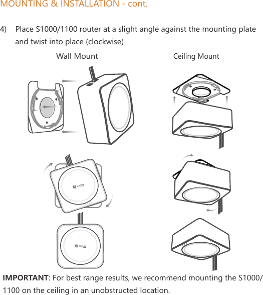 MOUNTING &amp; INSTALLATION - cont.4)    Place S1000/1100 router at a slight angle against the mounting plate        and twist into place (clockwise)WIFI BT SYS PRW ETHWIFI BT SYS PRW ETHWall MountCeiling MountIMPORTANT: For best range results, we recommend mounting the S1000/1100 on the ceiling in an unobstructed location.