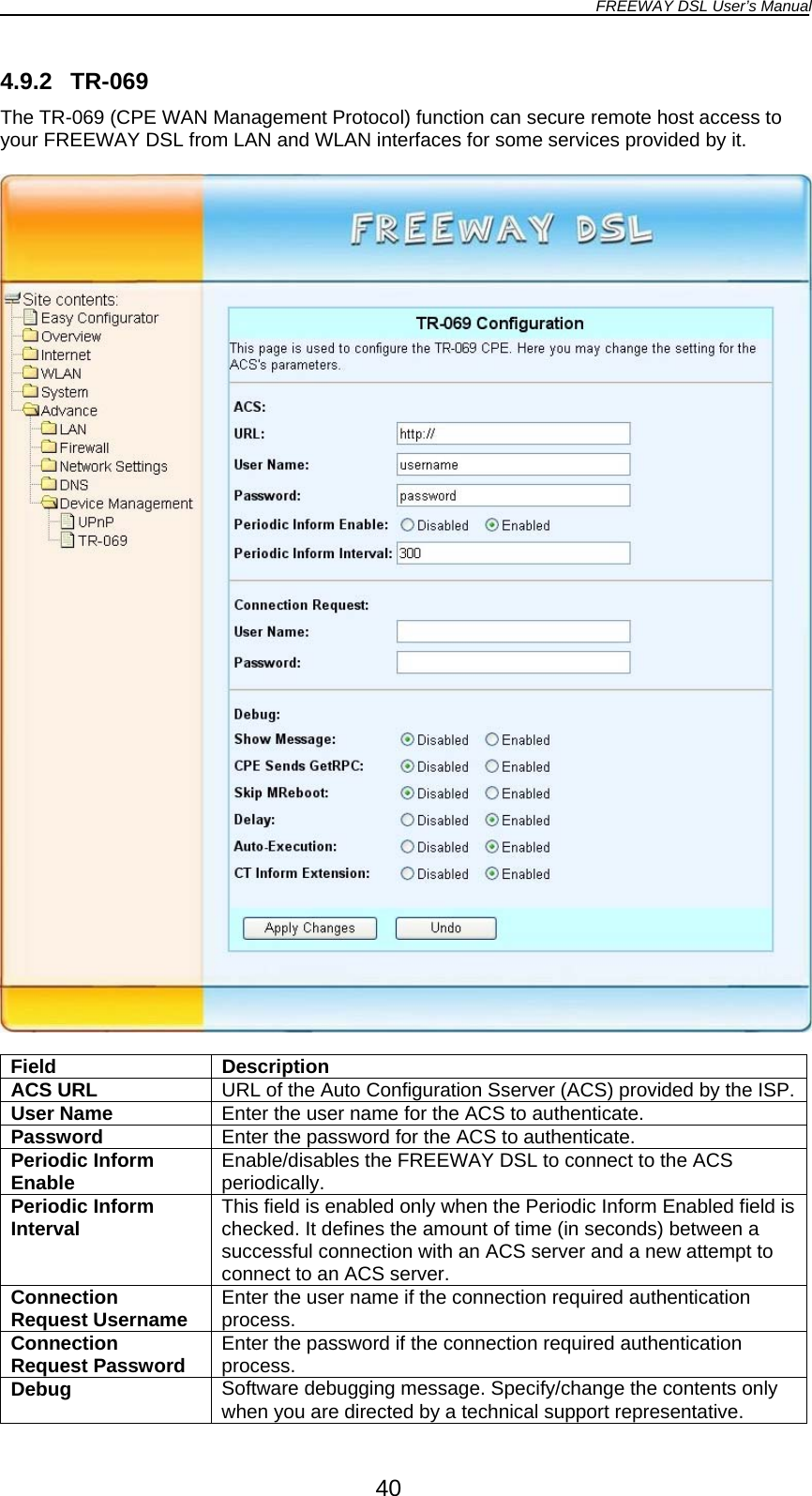 FREEWAY DSL User’s Manual  4.9.2 TR-069 The TR-069 (CPE WAN Management Protocol) function can secure remote host access to your FREEWAY DSL from LAN and WLAN interfaces for some services provided by it.    Field Description ACS URL  URL of the Auto Configuration Sserver (ACS) provided by the ISP.User Name  Enter the user name for the ACS to authenticate. Password  Enter the password for the ACS to authenticate. Periodic Inform Enable  Enable/disables the FREEWAY DSL to connect to the ACS periodically. Periodic Inform Interval  This field is enabled only when the Periodic Inform Enabled field is checked. It defines the amount of time (in seconds) between a successful connection with an ACS server and a new attempt to connect to an ACS server. Connection Request Username  Enter the user name if the connection required authentication process. Connection Request Password  Enter the password if the connection required authentication process. Debug  Software debugging message. Specify/change the contents only when you are directed by a technical support representative. 40 
