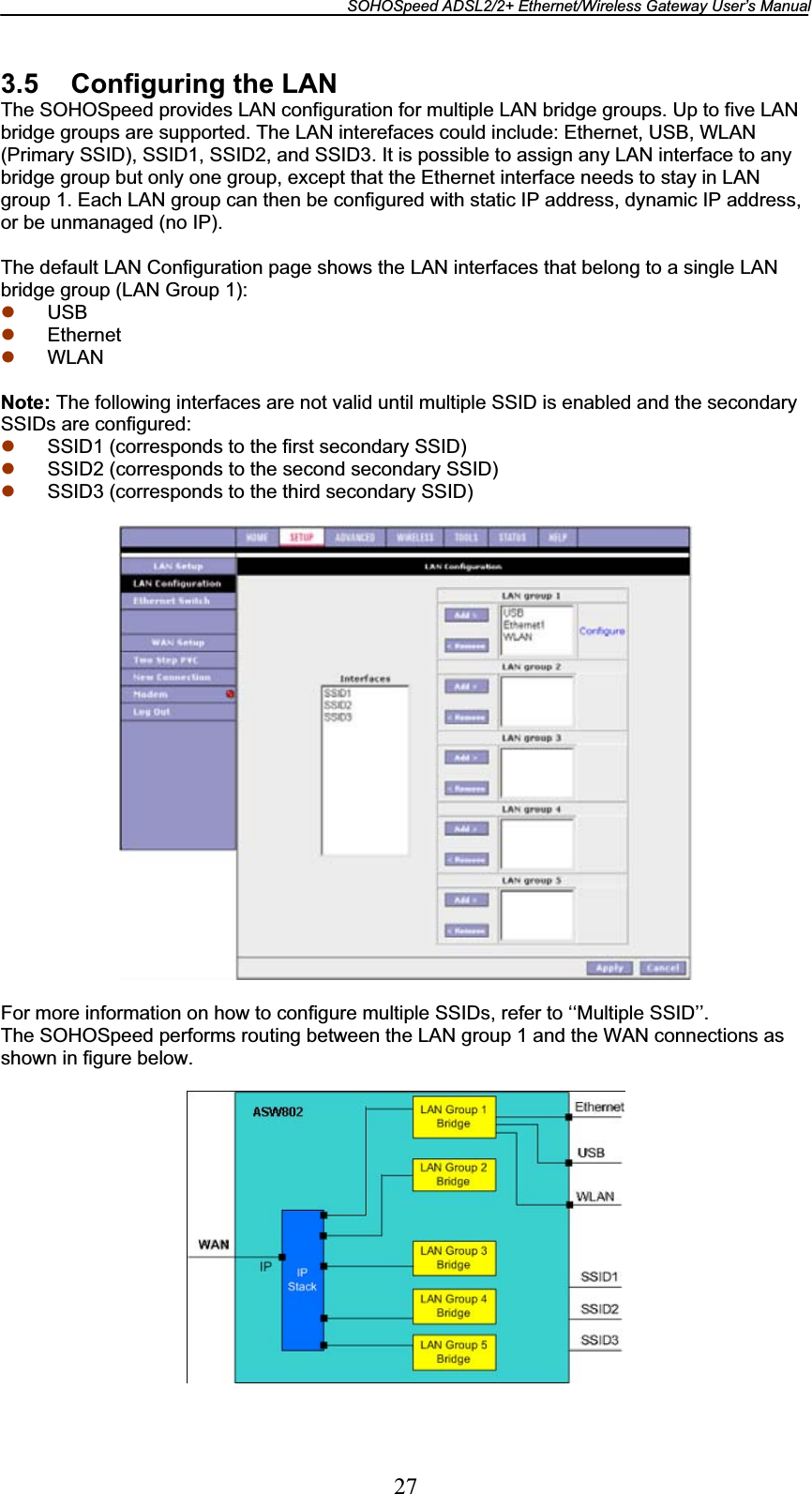 SOHOSpeed ADSL2/2+ Ethernet/Wireless Gateway User’s Manual 273.5  Configuring the LAN The SOHOSpeed provides LAN configuration for multiple LAN bridge groups. Up to five LAN bridge groups are supported. The LAN interefaces could include: Ethernet, USB, WLAN (Primary SSID), SSID1, SSID2, and SSID3. It is possible to assign any LAN interface to any bridge group but only one group, except that the Ethernet interface needs to stay in LAN group 1. Each LAN group can then be configured with static IP address, dynamic IP address, or be unmanaged (no IP). The default LAN Configuration page shows the LAN interfaces that belong to a single LAN bridge group (LAN Group 1): z USBz Ethernetz WLANNote: The following interfaces are not valid until multiple SSID is enabled and the secondary SSIDs are configured: z SSID1 (corresponds to the first secondary SSID) z SSID2 (corresponds to the second secondary SSID) z SSID3 (corresponds to the third secondary SSID) For more information on how to configure multiple SSIDs, refer to ‘‘Multiple SSID’’. The SOHOSpeed performs routing between the LAN group 1 and the WAN connections as shown in figure below. 