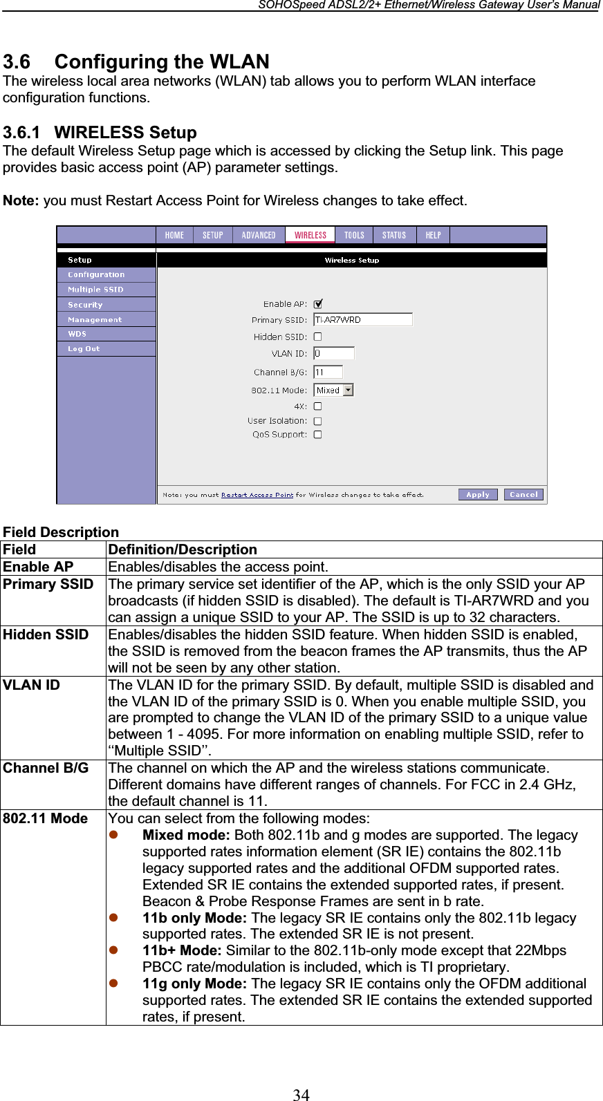 SOHOSpeed ADSL2/2+ Ethernet/Wireless Gateway User’s Manual 343.6 Configuring the WLAN The wireless local area networks (WLAN) tab allows you to perform WLAN interface configuration functions. 3.6.1 WIRELESS Setup The default Wireless Setup page which is accessed by clicking the Setup link. This page provides basic access point (AP) parameter settings. Note: you must Restart Access Point for Wireless changes to take effect. Field Description Field Definition/Description Enable AP  Enables/disables the access point. Primary SSID  The primary service set identifier of the AP, which is the only SSID your AP broadcasts (if hidden SSID is disabled). The default is TI-AR7WRD and you can assign a unique SSID to your AP. The SSID is up to 32 characters. Hidden SSID  Enables/disables the hidden SSID feature. When hidden SSID is enabled, the SSID is removed from the beacon frames the AP transmits, thus the AP will not be seen by any other station. VLAN ID  The VLAN ID for the primary SSID. By default, multiple SSID is disabled and the VLAN ID of the primary SSID is 0. When you enable multiple SSID, you are prompted to change the VLAN ID of the primary SSID to a unique value between 1 - 4095. For more information on enabling multiple SSID, refer to ‘‘Multiple SSID’’. Channel B/G  The channel on which the AP and the wireless stations communicate. Different domains have different ranges of channels. For FCC in 2.4 GHz, the default channel is 11. 802.11 Mode  You can select from the following modes: z Mixed mode: Both 802.11b and g modes are supported. The legacy supported rates information element (SR IE) contains the 802.11b legacy supported rates and the additional OFDM supported rates. Extended SR IE contains the extended supported rates, if present. Beacon &amp; Probe Response Frames are sent in b rate. z 11b only Mode: The legacy SR IE contains only the 802.11b legacy supported rates. The extended SR IE is not present. z 11b+ Mode: Similar to the 802.11b-only mode except that 22Mbps PBCC rate/modulation is included, which is TI proprietary. z 11g only Mode: The legacy SR IE contains only the OFDM additional supported rates. The extended SR IE contains the extended supported rates, if present. 