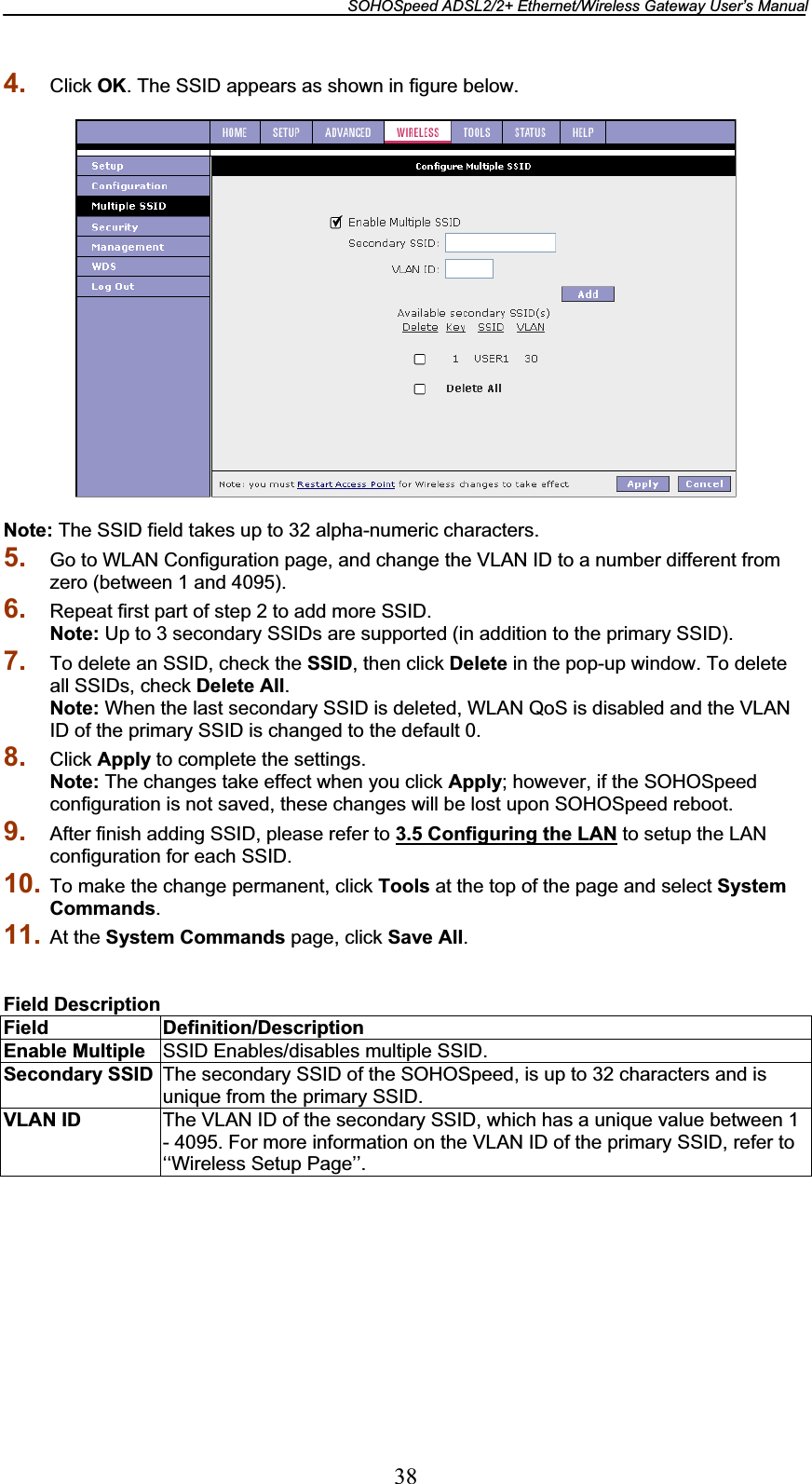 SOHOSpeed ADSL2/2+ Ethernet/Wireless Gateway User’s Manual 384. Click OK. The SSID appears as shown in figure below. Note: The SSID field takes up to 32 alpha-numeric characters. 5. Go to WLAN Configuration page, and change the VLAN ID to a number different from zero (between 1 and 4095). 6. Repeat first part of step 2 to add more SSID. Note: Up to 3 secondary SSIDs are supported (in addition to the primary SSID). 7. To delete an SSID, check the SSID, then click Delete in the pop-up window. To delete all SSIDs, check Delete All.Note: When the last secondary SSID is deleted, WLAN QoS is disabled and the VLAN ID of the primary SSID is changed to the default 0. 8. Click Apply to complete the settings. Note: The changes take effect when you click Apply; however, if the SOHOSpeed configuration is not saved, these changes will be lost upon SOHOSpeed reboot. 9. After finish adding SSID, please refer to 3.5 Configuring the LAN to setup the LAN configuration for each SSID. 10. To make the change permanent, click Tools at the top of the page and select System Commands.11. At the System Commands page, click Save All.Field Description Field Definition/Description Enable Multiple  SSID Enables/disables multiple SSID. Secondary SSID  The secondary SSID of the SOHOSpeed, is up to 32 characters and is unique from the primary SSID. VLAN ID  The VLAN ID of the secondary SSID, which has a unique value between 1 - 4095. For more information on the VLAN ID of the primary SSID, refer to ‘‘Wireless Setup Page’’. 