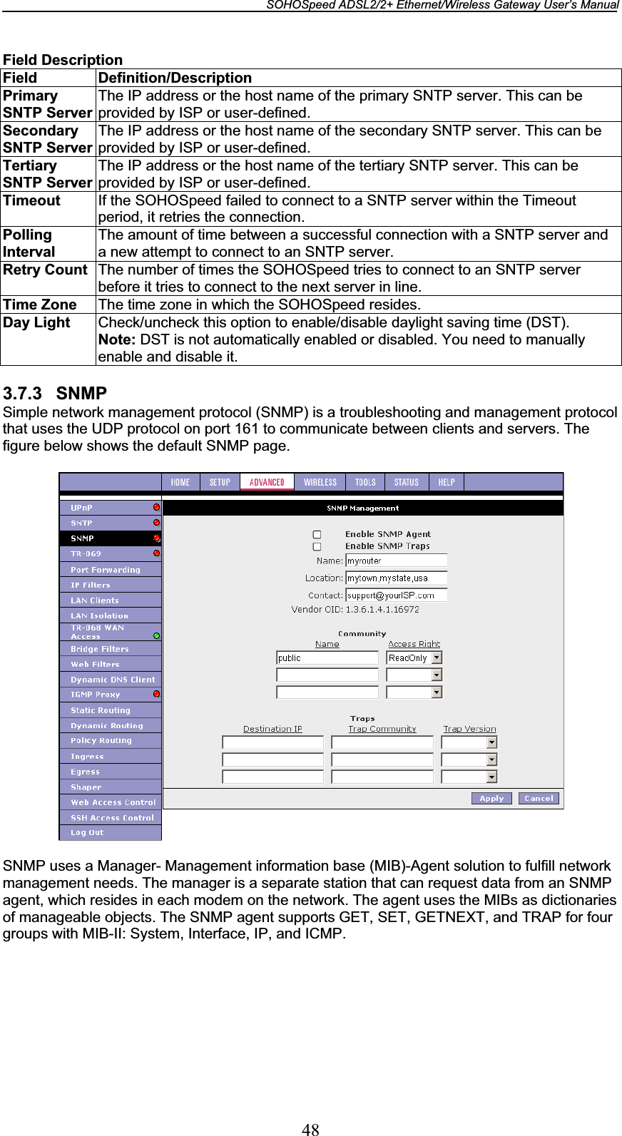 SOHOSpeed ADSL2/2+ Ethernet/Wireless Gateway User’s Manual 48Field Description Field Definition/Description Primary SNTP Server The IP address or the host name of the primary SNTP server. This can be provided by ISP or user-defined. Secondary SNTP Server The IP address or the host name of the secondary SNTP server. This can be provided by ISP or user-defined. Tertiary SNTP Server The IP address or the host name of the tertiary SNTP server. This can be provided by ISP or user-defined. Timeout If the SOHOSpeed failed to connect to a SNTP server within the Timeout period, it retries the connection. PollingInterval The amount of time between a successful connection with a SNTP server and a new attempt to connect to an SNTP server. Retry Count  The number of times the SOHOSpeed tries to connect to an SNTP server before it tries to connect to the next server in line. Time Zone  The time zone in which the SOHOSpeed resides. Day Light  Check/uncheck this option to enable/disable daylight saving time (DST). Note: DST is not automatically enabled or disabled. You need to manually enable and disable it. 3.7.3 SNMP Simple network management protocol (SNMP) is a troubleshooting and management protocol that uses the UDP protocol on port 161 to communicate between clients and servers. The figure below shows the default SNMP page. SNMP uses a Manager- Management information base (MIB)-Agent solution to fulfill network management needs. The manager is a separate station that can request data from an SNMP agent, which resides in each modem on the network. The agent uses the MIBs as dictionaries of manageable objects. The SNMP agent supports GET, SET, GETNEXT, and TRAP for four groups with MIB-II: System, Interface, IP, and ICMP. 