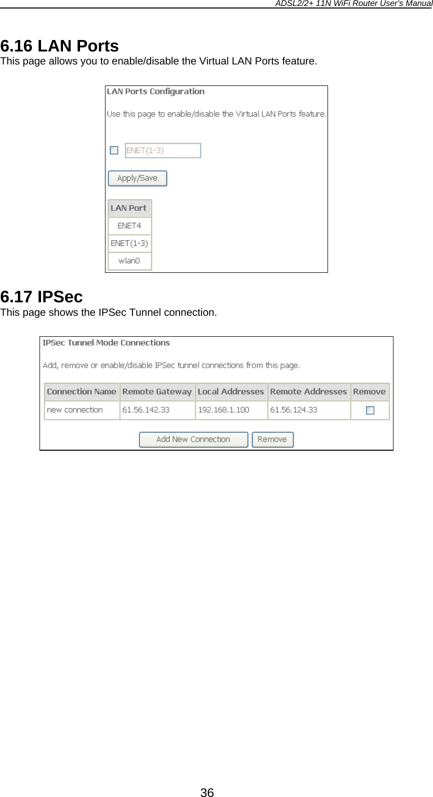 ADSL2/2+ 11N WiFi Router User’s Manual  36 6.16 LAN Ports This page allows you to enable/disable the Virtual LAN Ports feature.     6.17 IPSec This page shows the IPSec Tunnel connection.    