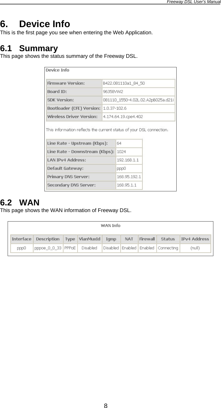 Freeway DSL User’s Manual  8 6. Device Info This is the first page you see when entering the Web Application.  6.1 Summary This page shows the status summary of the Freeway DSL.    6.2 WAN This page shows the WAN information of Freeway DSL.    