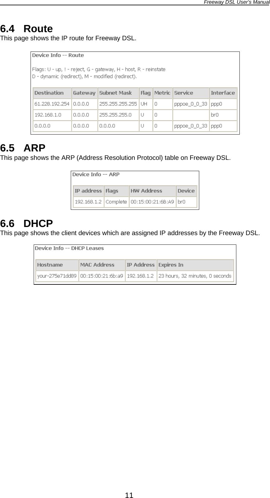 Freeway DSL User’s Manual  11 6.4 Route This page shows the IP route for Freeway DSL.    6.5 ARP This page shows the ARP (Address Resolution Protocol) table on Freeway DSL.    6.6 DHCP This page shows the client devices which are assigned IP addresses by the Freeway DSL.    