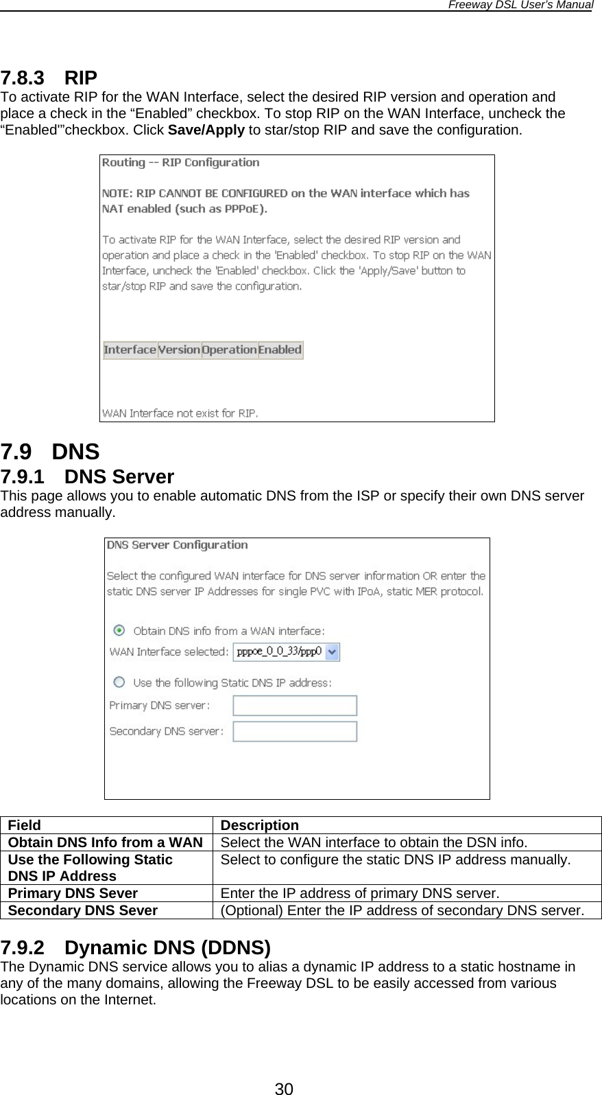 Freeway DSL User’s Manual  30  7.8.3 RIP To activate RIP for the WAN Interface, select the desired RIP version and operation and place a check in the “Enabled” checkbox. To stop RIP on the WAN Interface, uncheck the “Enabled&apos;”checkbox. Click Save/Apply to star/stop RIP and save the configuration.    7.9 DNS 7.9.1 DNS Server This page allows you to enable automatic DNS from the ISP or specify their own DNS server address manually.    Field Description Obtain DNS Info from a WAN  Select the WAN interface to obtain the DSN info. Use the Following Static DNS IP Address  Select to configure the static DNS IP address manually. Primary DNS Sever  Enter the IP address of primary DNS server. Secondary DNS Sever  (Optional) Enter the IP address of secondary DNS server.  7.9.2  Dynamic DNS (DDNS) The Dynamic DNS service allows you to alias a dynamic IP address to a static hostname in any of the many domains, allowing the Freeway DSL to be easily accessed from various locations on the Internet.  