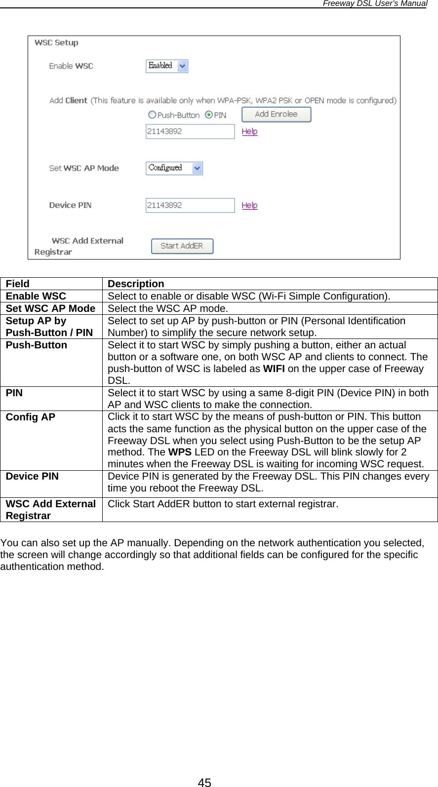 Freeway DSL User’s Manual  45   Field Description Enable WSC  Select to enable or disable WSC (Wi-Fi Simple Configuration). Set WSC AP Mode Select the WSC AP mode. Setup AP by Push-Button / PIN Select to set up AP by push-button or PIN (Personal Identification Number) to simplify the secure network setup. Push-Button  Select it to start WSC by simply pushing a button, either an actual button or a software one, on both WSC AP and clients to connect. The push-button of WSC is labeled as WIFI on the upper case of Freeway DSL. PIN  Select it to start WSC by using a same 8-digit PIN (Device PIN) in both AP and WSC clients to make the connection. Config AP  Click it to start WSC by the means of push-button or PIN. This button acts the same function as the physical button on the upper case of the Freeway DSL when you select using Push-Button to be the setup AP method. The WPS LED on the Freeway DSL will blink slowly for 2 minutes when the Freeway DSL is waiting for incoming WSC request. Device PIN  Device PIN is generated by the Freeway DSL. This PIN changes every time you reboot the Freeway DSL. WSC Add External Registrar  Click Start AddER button to start external registrar.  You can also set up the AP manually. Depending on the network authentication you selected, the screen will change accordingly so that additional fields can be configured for the specific authentication method.  