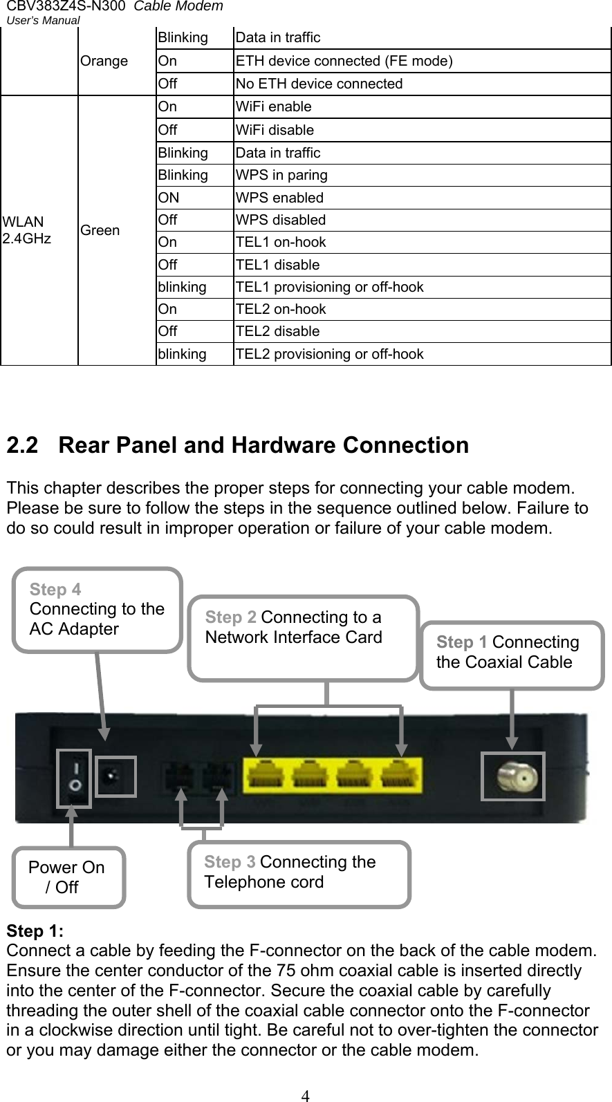 CBV383Z4S-N300  Cable Modem  User’s Manual 4 Orange  Blinking  Data in traffic On   ETH device connected (FE mode) Off   No ETH device connected  WLAN 2.4GHz  Green On   WiFi enable Off   WiFi disable Blinking  Data in traffic Blinking  WPS in paring ON  WPS enabled Off  WPS disabled  On   TEL1 on-hook Off   TEL1 disable blinking  TEL1 provisioning or off-hook On   TEL2 on-hook Off   TEL2 disable blinking  TEL2 provisioning or off-hook    2.2  Rear Panel and Hardware Connection  This chapter describes the proper steps for connecting your cable modem. Please be sure to follow the steps in the sequence outlined below. Failure to do so could result in improper operation or failure of your cable modem.              Step 1: Connect a cable by feeding the F-connector on the back of the cable modem. Ensure the center conductor of the 75 ohm coaxial cable is inserted directly into the center of the F-connector. Secure the coaxial cable by carefully threading the outer shell of the coaxial cable connector onto the F-connector in a clockwise direction until tight. Be careful not to over-tighten the connector or you may damage either the connector or the cable modem. Step 1 Connecting the Coaxial Cable Step 3 Connecting the Telephone cord Step 4 Connecting to the AC Adapter Step 2 Connecting to a Network Interface Card Power On / Off 