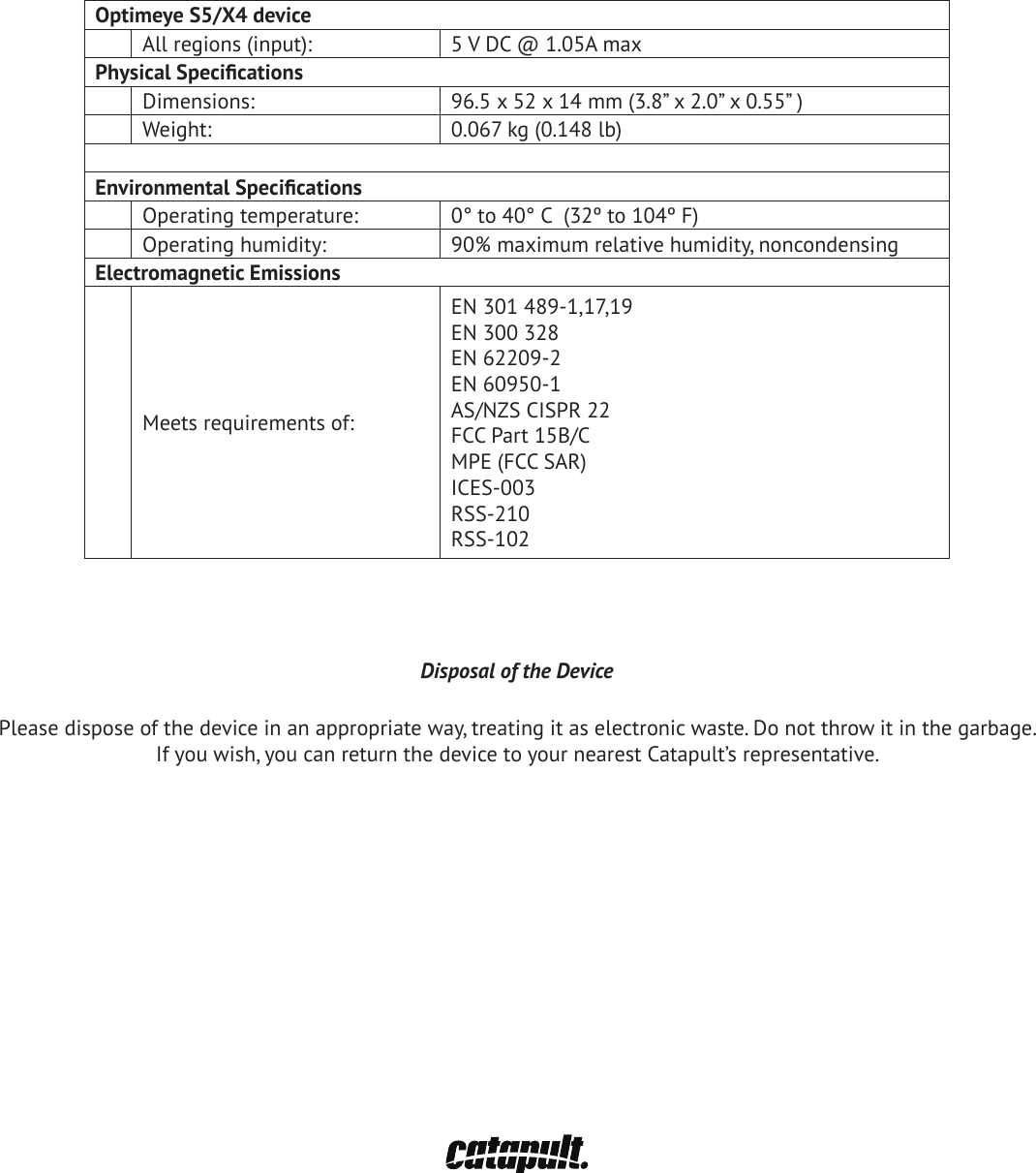 Optimeye S5/X4 deviceAll regions (input):  5 V DC @ 1.05A max Physical Speciﬁ cationsDimensions: 96.5 x 52 x 14 mm (3.8&rdquo; x 2.0&rdquo; x 0.55&rdquo; )  Weight: 0.067 kg (0.148 lb)Environmental Speciﬁ cations Operating temperature: 0&deg; to 40&deg; C  (32&ordm; to 104&ordm; F)Operating humidity: 90% maximum relative humidity, noncondensingElectromagnetic Emissions Meets requirements of:EN 301 489-1,17,19EN 300 328EN 62209-2EN 60950-1AS/NZS CISPR 22FCC Part 15B/CMPE (FCC SAR)ICES-003RSS-210RSS-102Disposal of the DevicePlease dispose of the device in an appropriate way, treating it as electronic waste. Do not throw it in the garbage. If you wish, you can return the device to your nearest Catapult&rsquo;s representative.