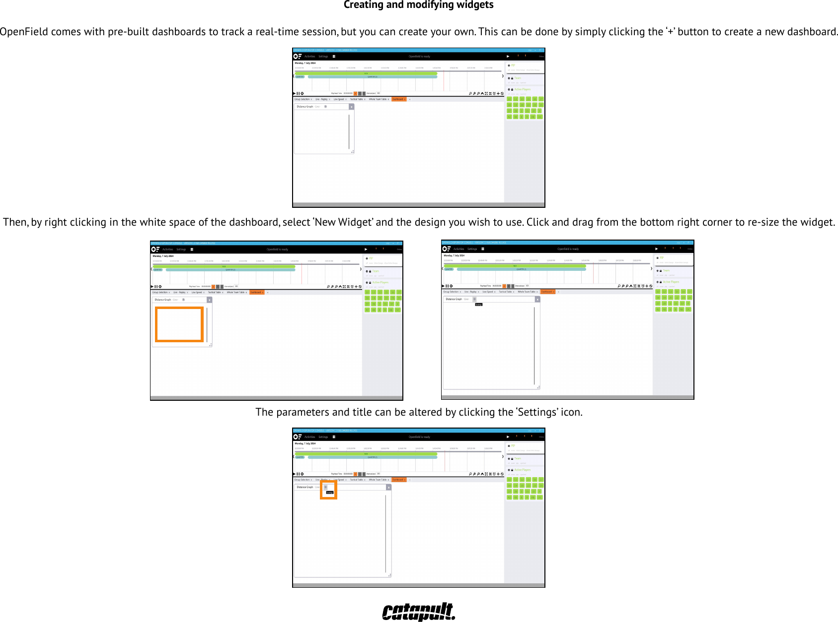 Creating and modifying widgetsOpenFieldcomeswithpre-builtdashboardstotrackareal-timesession,butyoucancreateyourown.Thiscanbedonebysimplyclickingthe&lsquo;+&rsquo;buttontocreateanewdashboard.Then,byrightclickinginthewhitespaceofthedashboard,select&lsquo;NewWidget&rsquo;andthedesignyouwishtouse.Clickanddragfromthebottomrightcornertore-sizethewidget.The parameters and title can be altered by clicking the &lsquo;Settings&rsquo; icon.27