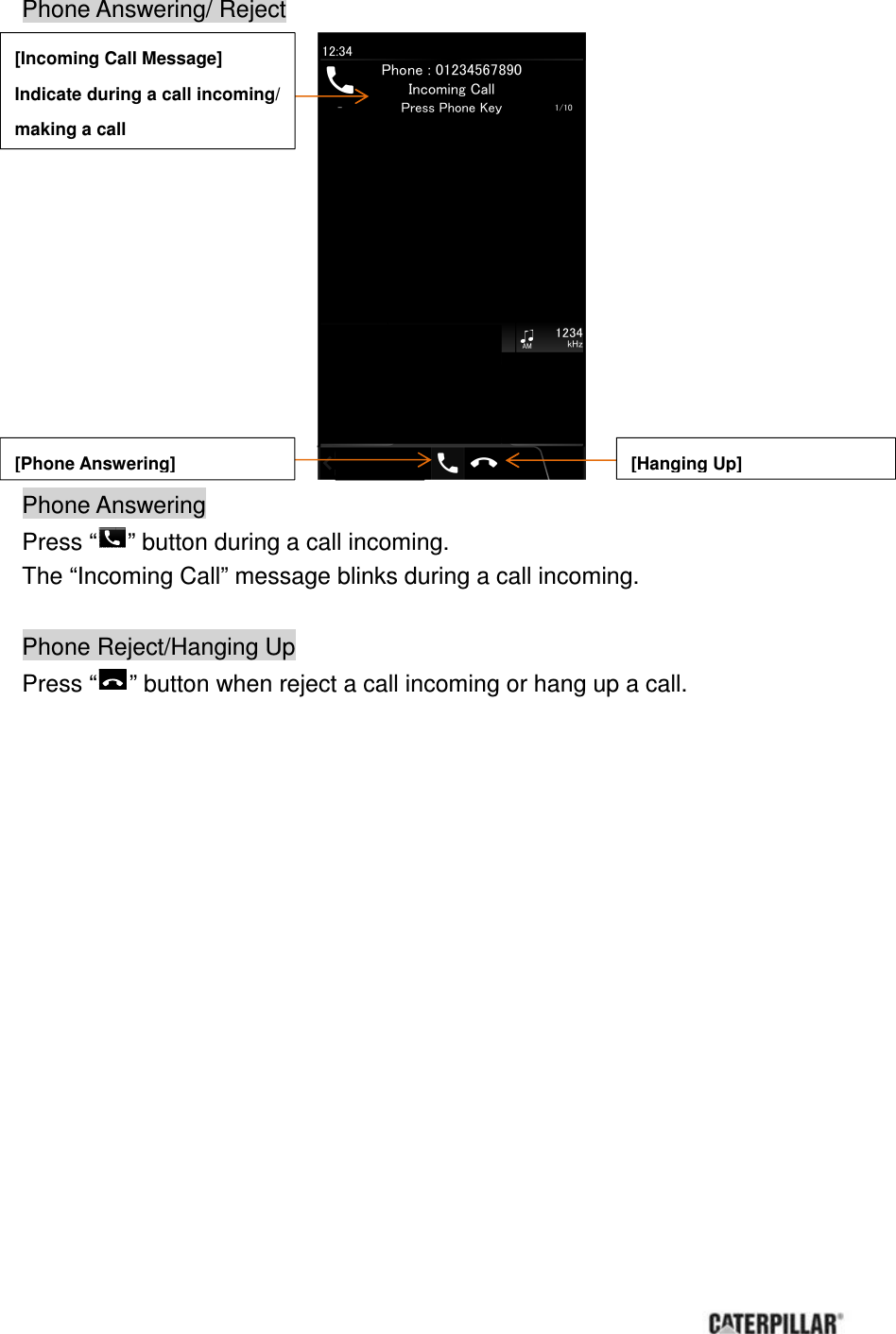       Phone Answering/ Reject              Phone Answering Press “ ” button during a call incoming. The “Incoming Call” message blinks during a call incoming.  Phone Reject/Hanging Up Press “ ” button when reject a call incoming or hang up a call.        [Incoming Call Message] Indicate during a call incoming/ making a call [Phone Answering] [Hanging Up] 