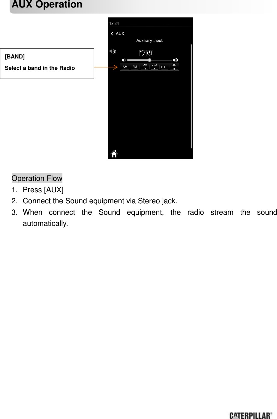       AUX Operation               Operation Flow 1.  Press [AUX] 2.  Connect the Sound equipment via Stereo jack. 3.  When  connect  the  Sound  equipment,  the  radio  stream  the  sound automatically.           [BAND] Select a band in the Radio   