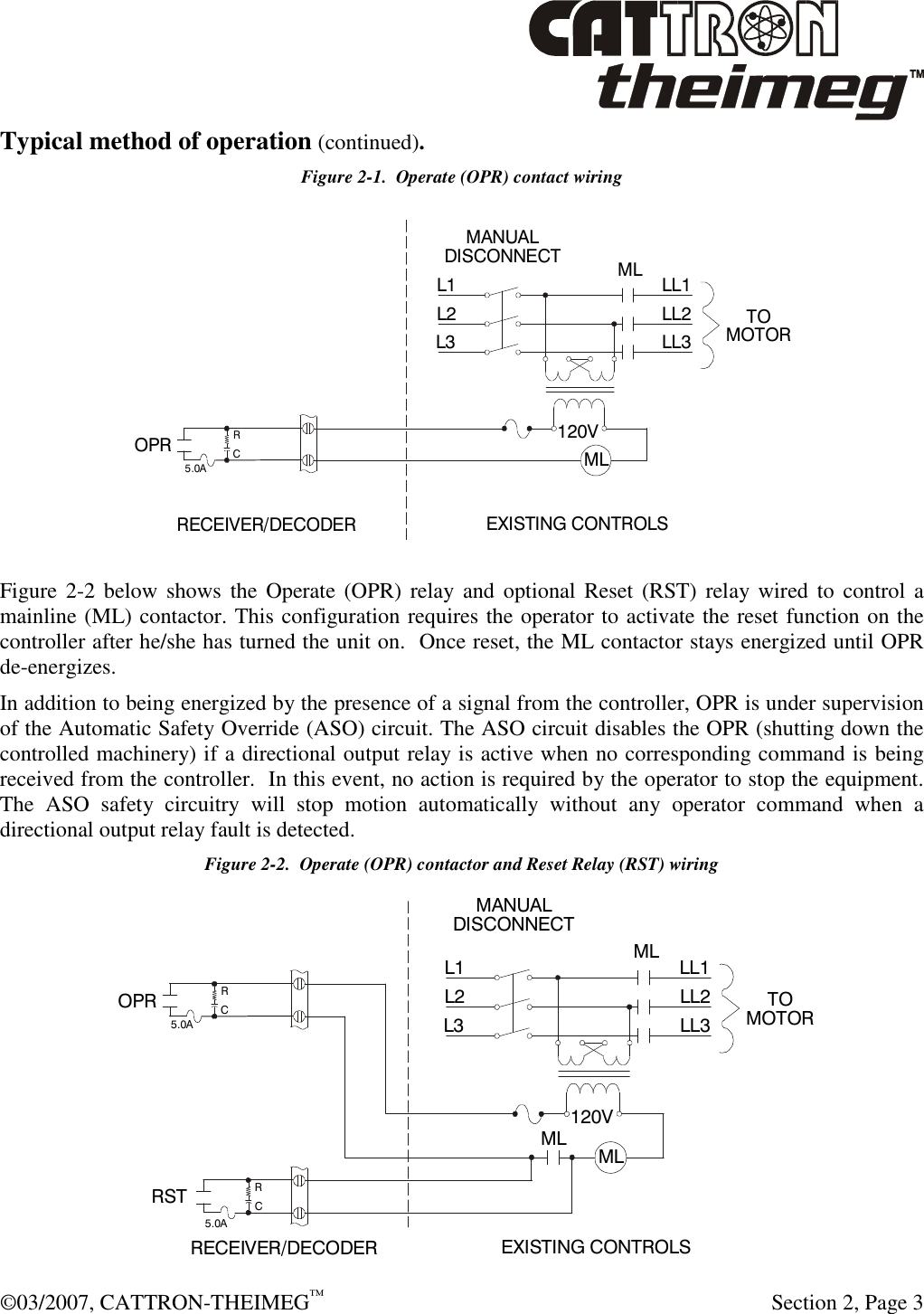  ©03/2007, CATTRON-THEIMEG™     Section 2, Page 3 Typical method of operation (continued).  Figure 2-1.  Operate (OPR) contact wiring   Figure 2-2  below  shows  the Operate  (OPR) relay  and optional Reset  (RST)  relay  wired  to control  a mainline (ML) contactor. This configuration requires the operator to activate the reset function on the controller after he/she has turned the unit on.  Once reset, the ML contactor stays energized until OPR de-energizes.  In addition to being energized by the presence of a signal from the controller, OPR is under supervision of the Automatic Safety Override (ASO) circuit. The ASO circuit disables the OPR (shutting down the controlled machinery) if a directional output relay is active when no corresponding command is being received from the controller.  In this event, no action is required by the operator to stop the equipment. The  ASO  safety  circuitry  will  stop  motion  automatically  without  any  operator  command  when  a directional output relay fault is detected. Figure 2-2.  Operate (OPR) contactor and Reset Relay (RST) wiring  120VL1 MLMLMANUALDISCONNECTL2L3 LL1LL2LL3 TOMOTORRECEIVER/DECODEREXISTING CONTROLS OPRRC5.0AOPR120VRSTRRCC5.0A5.0AL1 MLML MLMANUALDISCONNECTL2L3 LL1LL2LL3 TOMOTORRECEIVER/DECODEREXISTING CONTROLS 