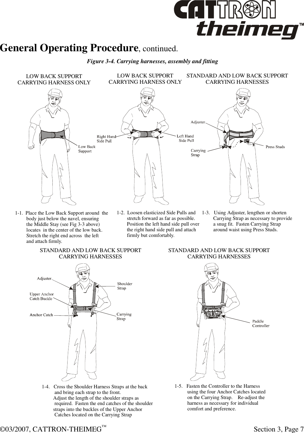  ©03/2007, CATTRON-THEIMEG™     Section 3, Page 7 General Operating Procedure, continued.   Figure 3-4. Carrying harnesses, assembly and fitting 1-1.  Place the Low Back Support around  the         body just below the navel, ensuring         the Middle Stay (see Fig 3-3 above)         locates  in the center of the low back.         Stretch the right end across  the left         and attach firmly.1-2.  Loosen elasticized Side Pulls and        stretch forward as far as possible.        Position the left hand side pull over        the right hand side pull and attach        firmly but comfortably.1-3.   Using Adjuster, lengthen or shorten         Carrying Strap as necessary to provide         a snug fit.  Fasten Carrying Strap         around waist using Press Studs.1-4.   Cross the Shoulder Harness Straps at the back          and bring each strap to the front.         Adjust the length of the shoulder straps as          required.  Fasten the end catches of the shoulder         straps into the buckles of the Upper Anchor          Catches located on the Carrying Strap 1-5.   Fasten the Controller to the Harness          using the four Anchor Catches located          on the Carrying Strap.    Re-adjust the          harness as necessary for individual          comfort and preference.        LOW BACK SUPPORTCARRYING HARNESS ONLYSTANDARD AND LOW BACK SUPPORTCARRYING HARNESSESSTANDARD AND LOW BACK SUPPORTCARRYING HARNESSESSTANDARD AND LOW BACK SUPPORTCARRYING HARNESSESLOW BACK SUPPORTCARRYING HARNESS ONLY