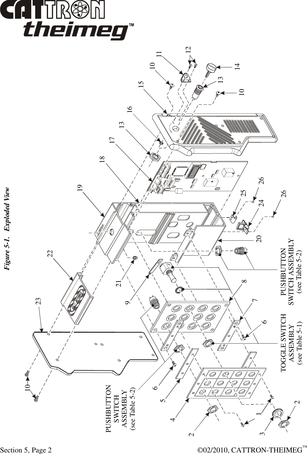  Section 5, Page 2    ©02/2010, CATTRON-THEIMEG™ Figure 5-1.   Exploded ViewPUSHBUTTONSWITCH ASSEMBLY(see Table 5-2)10101516111214131317182024262526132245667891921222310TOGGLE SWITCHASSEMBLY(see Table 5-1)PUSHBUTTONSWITCHASSEMBLY(see Table 5-2) 