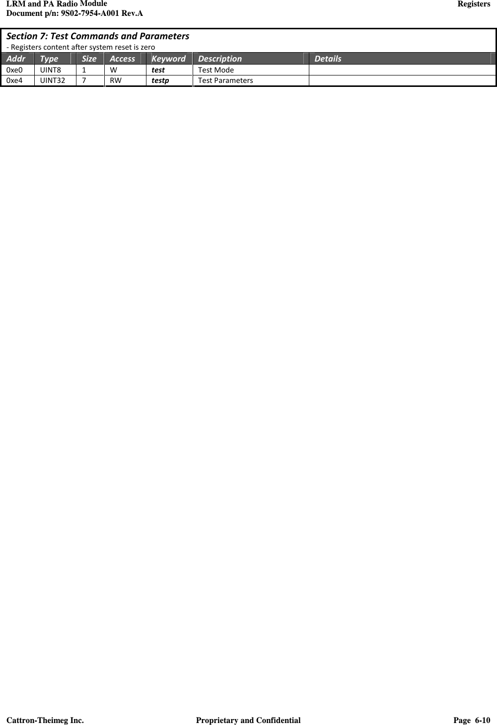 LRM and PA Radio Module    Registers  Document p/n: 9S02-7954-A001 Rev.A  Cattron-Theimeg Inc.  Proprietary and Confidential  Page  6-10  Section 7: Test Commands and Parameters - Registers content after system reset is zero Addr  Type  Size  Access  Keyword  Description  Details 0xe0  UINT8  1  W  test  Test Mode   0xe4   UINT32  7  RW  testp  Test Parameters     