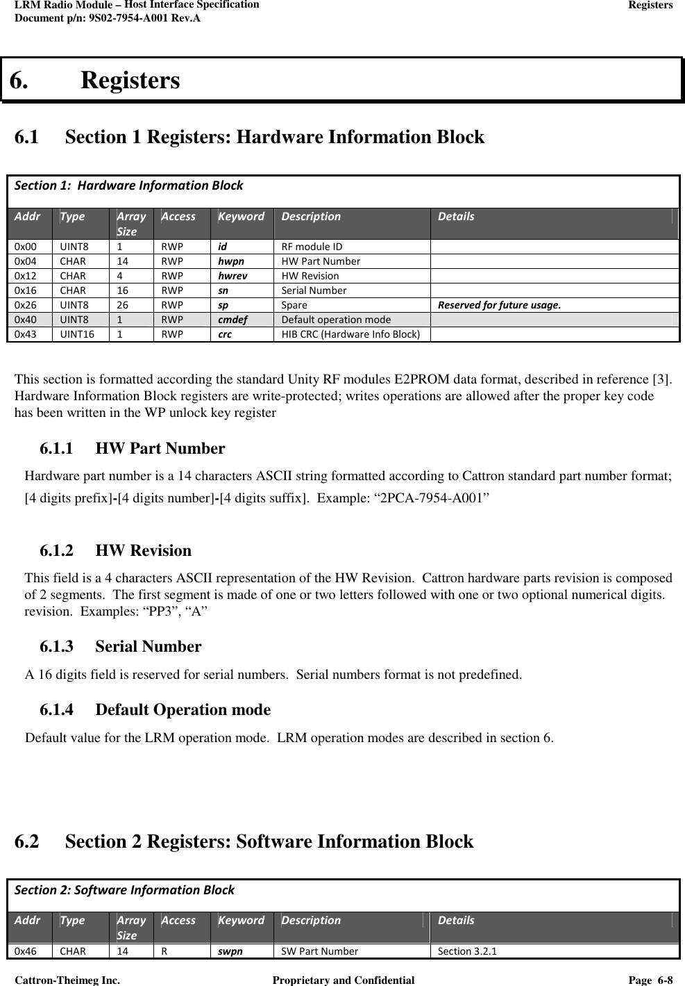 LRM Radio Module – Host Interface Specification     Registers  Document p/n: 9S02-7954-A001 Rev.A  Cattron-Theimeg Inc.  Proprietary and Confidential  Page  6-8  6. Registers  6.1 Section 1 Registers: Hardware Information Block  Section 1:  Hardware Information Block   Addr Type Array Size Access Keyword Description Details 0x00 UINT8 1 RWP id RF module ID  0x04 CHAR 14 RWP hwpn HW Part Number  0x12  CHAR  4  RWP  hwrev  HW Revision   0x16  CHAR  16  RWP  sn  Serial Number   0x26 UINT8 26 RWP sp Spare Reserved for future usage. 0x40 UINT8 1 RWP cmdef Default operation mode  0x43  UINT16  1  RWP  crc  HIB CRC (Hardware Info Block)    This section is formatted according the standard Unity RF modules E2PROM data format, described in reference [3].  Hardware Information Block registers are write-protected; writes operations are allowed after the proper key code has been written in the WP unlock key register 6.1.1 HW Part Number Hardware part number is a 14 characters ASCII string formatted according to Cattron standard part number format; [4 digits prefix]-[4 digits number]-[4 digits suffix].  Example: “2PCA-7954-A001”  6.1.2 HW Revision This field is a 4 characters ASCII representation of the HW Revision.  Cattron hardware parts revision is composed of 2 segments.  The first segment is made of one or two letters followed with one or two optional numerical digits.   revision.  Examples: “PP3”, “A” 6.1.3 Serial Number A 16 digits field is reserved for serial numbers.  Serial numbers format is not predefined. 6.1.4 Default Operation mode    Default value for the LRM operation mode.  LRM operation modes are described in section 6.    6.2 Section 2 Registers: Software Information Block  Section 2: Software Information Block  Addr Type Array Size Access Keyword Description Details 0x46 CHAR 14 R swpn SW Part Number Section 3.2.1 