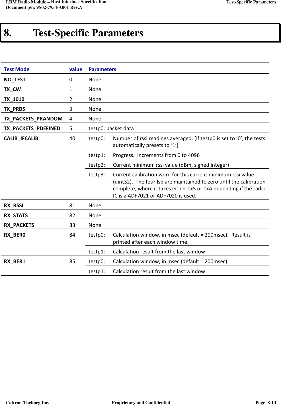 LRM Radio Module – Host Interface Specification     Test-Specific Parameters  Document p/n: 9S02-7954-A001 Rev.A  Cattron-Theimeg Inc.  Proprietary and Confidential  Page  8-13  8. Test-Specific Parameters   Test Mode  value  Parameters NO_TEST  0  None TX_CW 1 None TX_1010 2 None TX_PRBS 3 None TX_PACKETS_PRANDOM  4  None TX_PACKETS_PDEFINED  5  testp0: packet data CALIB_IFCALIB  40  testp0:   Number of rssi readings averaged. (If testp0 is set to ‘0’, the tests automatically presets to ‘1’) testp1:  Progress.  Increments from 0 to 4096 testp2:  Current minimum rssi value (dBm, signed integer) testp3:  Current calibration word for this current minimum rssi value (uint32).  The four lsb are maintained to zero until the calibration complete, where it takes either 0x5 or 0xA depending if the radio IC is a ADF7021 or ADF7020 is used. RX_RSSI 81 None RX_STATS  82  None RX_PACKETS  83  None RX_BER0  84  testp0:  Calculation window, in msec (default = 200msec).  Result is printed after each window time. testp1:  Calculation result from the last window RX_BER1  85  testp0:  Calculation window, in msec (default = 200msec) testp1: Calculation result from the last window   