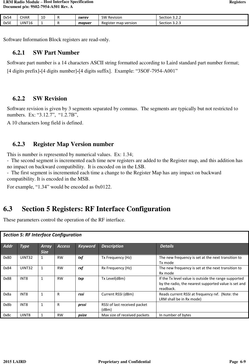 LRM Radio Module – Host Interface Specification     Registers  Document p/n: 9S02-7954-A501 Rev. A  2015 LAIRD  Proprietary and Confidential  Page  6-9  0x54 CHAR 10 R swrev SW Revision Section 3.2.2 0x5E UINT16 1 R mapver Register map version Section 3.2.3  Software Information Block registers are read-only. 6.2.1 SW Part Number Software part number is a 14 characters ASCII string formatted according to Laird standard part number format; [4 digits prefix]-[4 digits number]-[4 digits suffix].  Example: “3SOF-7954-A001”   6.2.2 SW Revision Software revision is given by 3 segments separated by commas.  The segments are typically but not restricted to numbers.  Ex: “3.12.7”,  “1.2.7B”,    A 10 characters long field is defined.  6.2.3 Register Map Version number This is number is represented by numerical values.  Ex: 1.34; -  The second segment is incremented each time new registers are added to the Register map, and this addition has no impact on backward compatibility.  It is encoded on in the LSB. -  The first segment is incremented each time a change to the Register Map has any impact on backward compatibility. It is encoded in the MSB. For example, “1.34” would be encoded as 0x0122.   6.3 Section 5 Registers: RF Interface Configuration These parameters control the operation of the RF interface.  Section 5: RF Interface Configuration  Addr Type Array Size Access Keyword Description  Details 0x80 UINT32 1 RW txf Tx Frequency (Hz) The new frequency is set at the next transition to Tx mode 0x84 UINT32 1 RW rxf Rx Frequency (Hz) The new frequency is set at the next transition to Rx mode 0x88 INT8 1 RW txp Tx Level(dBm) If the Tx level value is outside the range supported by the radio, the nearest supported value is set and readback. 0x8a INT8 1 R rssi Current RSSI (dBm) Reads current RSSI at frequency rxf.  (Note: the LRM shall be in Rx mode) 0x8b INT8 1 R prssi RSSI of last received packet (dBm)  0x8c UINT8 1 RW psize Max size of received packets In number of bytes     