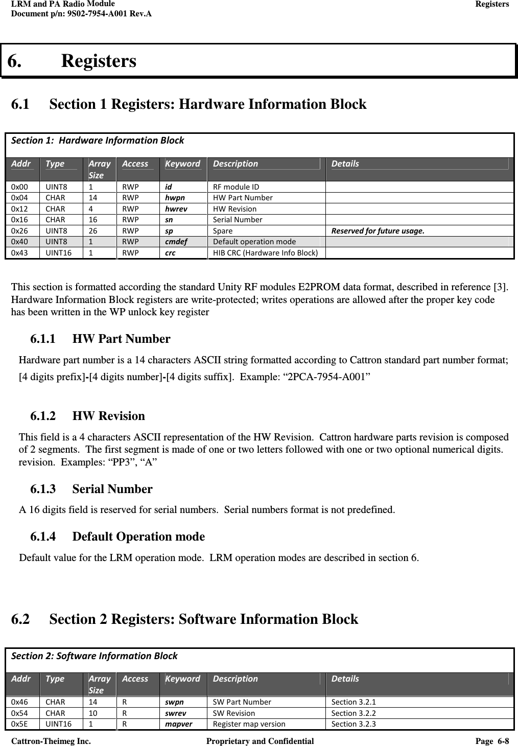 LRM and PA Radio Module    Registers  Document p/n: 9S02-7954-A001 Rev.A  Cattron-Theimeg Inc.  Proprietary and Confidential  Page  6-8  6. Registers  6.1 Section 1 Registers: Hardware Information Block  Section 1:  Hardware Information Block   Addr  Type  Array Size Access  Keyword  Description  Details 0x00  UINT8  1  RWP  id  RF module ID   0x04  CHAR  14  RWP  hwpn  HW Part Number   0x12  CHAR  4  RWP  hwrev  HW Revision   0x16  CHAR  16  RWP  sn  Serial Number   0x26  UINT8  26  RWP  sp  Spare  Reserved for future usage. 0x40  UINT8  1  RWP  cmdef  Default operation mode   0x43  UINT16  1  RWP  crc  HIB CRC (Hardware Info Block)    This section is formatted according the standard Unity RF modules E2PROM data format, described in reference [3].  Hardware Information Block registers are write-protected; writes operations are allowed after the proper key code has been written in the WP unlock key register 6.1.1 HW Part Number Hardware part number is a 14 characters ASCII string formatted according to Cattron standard part number format; [4 digits prefix]-[4 digits number]-[4 digits suffix].  Example: “2PCA-7954-A001”  6.1.2 HW Revision This field is a 4 characters ASCII representation of the HW Revision.  Cattron hardware parts revision is composed of 2 segments.  The first segment is made of one or two letters followed with one or two optional numerical digits.   revision.  Examples: “PP3”, “A” 6.1.3 Serial Number A 16 digits field is reserved for serial numbers.  Serial numbers format is not predefined. 6.1.4 Default Operation mode    Default value for the LRM operation mode.  LRM operation modes are described in section 6.   6.2 Section 2 Registers: Software Information Block  Section 2: Software Information Block  Addr  Type  Array Size Access  Keyword  Description  Details 0x46  CHAR  14  R  swpn  SW Part Number  Section 3.2.1 0x54  CHAR  10  R  swrev  SW Revision  Section 3.2.2 0x5E  UINT16  1  R  mapver  Register map version  Section 3.2.3 