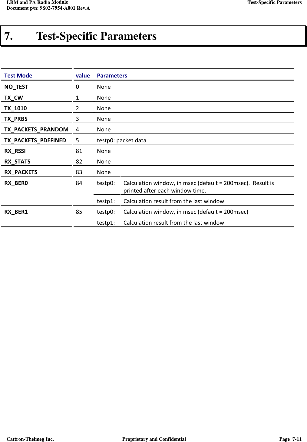 LRM and PA Radio Module    Test-Specific Parameters  Document p/n: 9S02-7954-A001 Rev.A  Cattron-Theimeg Inc.  Proprietary and Confidential  Page  7-11  7. Test-Specific Parameters   Test Mode  value  Parameters NO_TEST  0  None TX_CW  1  None TX_1010  2  None TX_PRBS  3  None TX_PACKETS_PRANDOM  4  None TX_PACKETS_PDEFINED  5  testp0: packet data RX_RSSI  81  None RX_STATS  82  None RX_PACKETS  83  None RX_BER0  84  testp0:  Calculation window, in msec (default = 200msec).  Result is printed after each window time. testp1:  Calculation result from the last window RX_BER1  85  testp0:  Calculation window, in msec (default = 200msec) testp1:  Calculation result from the last window   