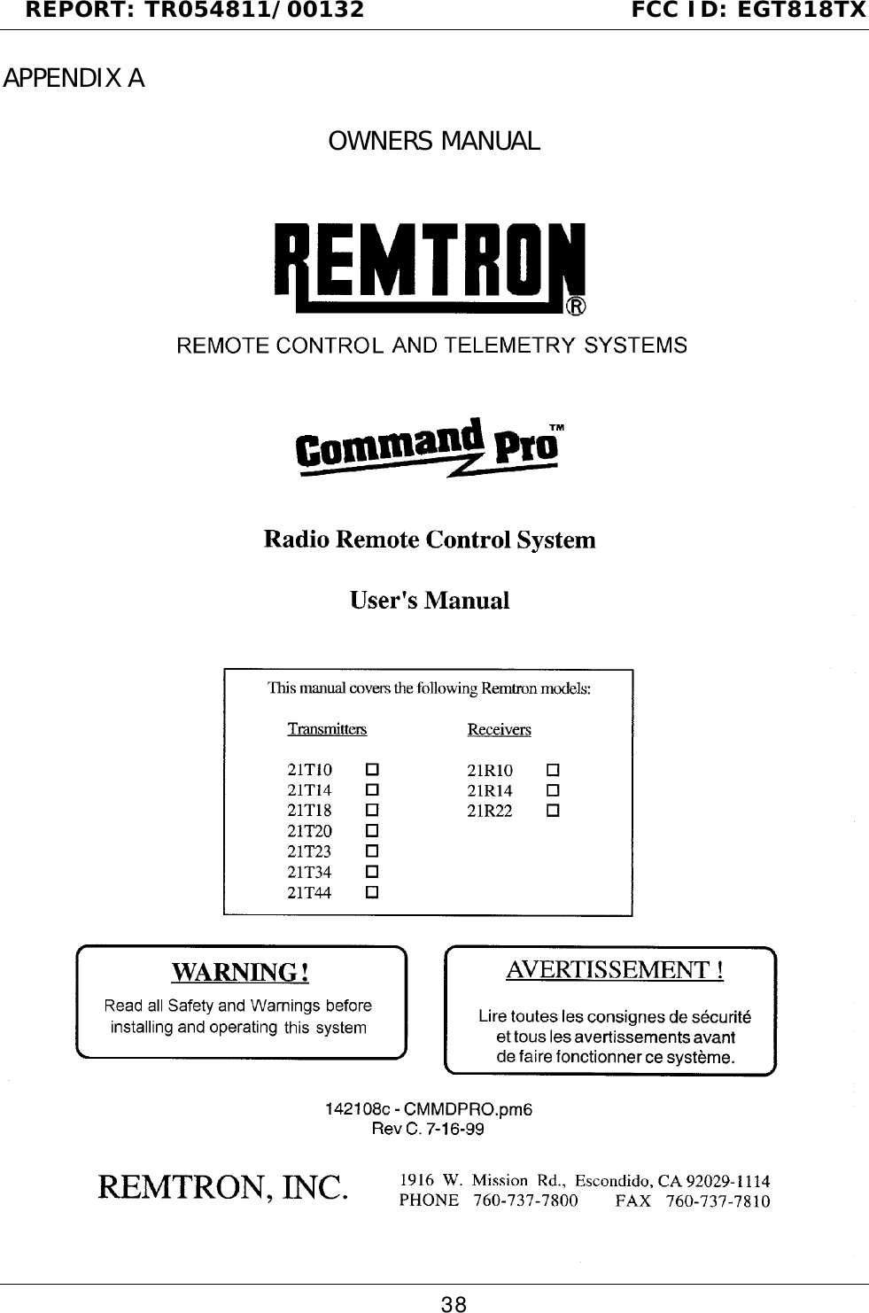 REPORT: TR054811/00132                                FCC ID: EGT818TX38APPENDIX AOWNERS MANUAL