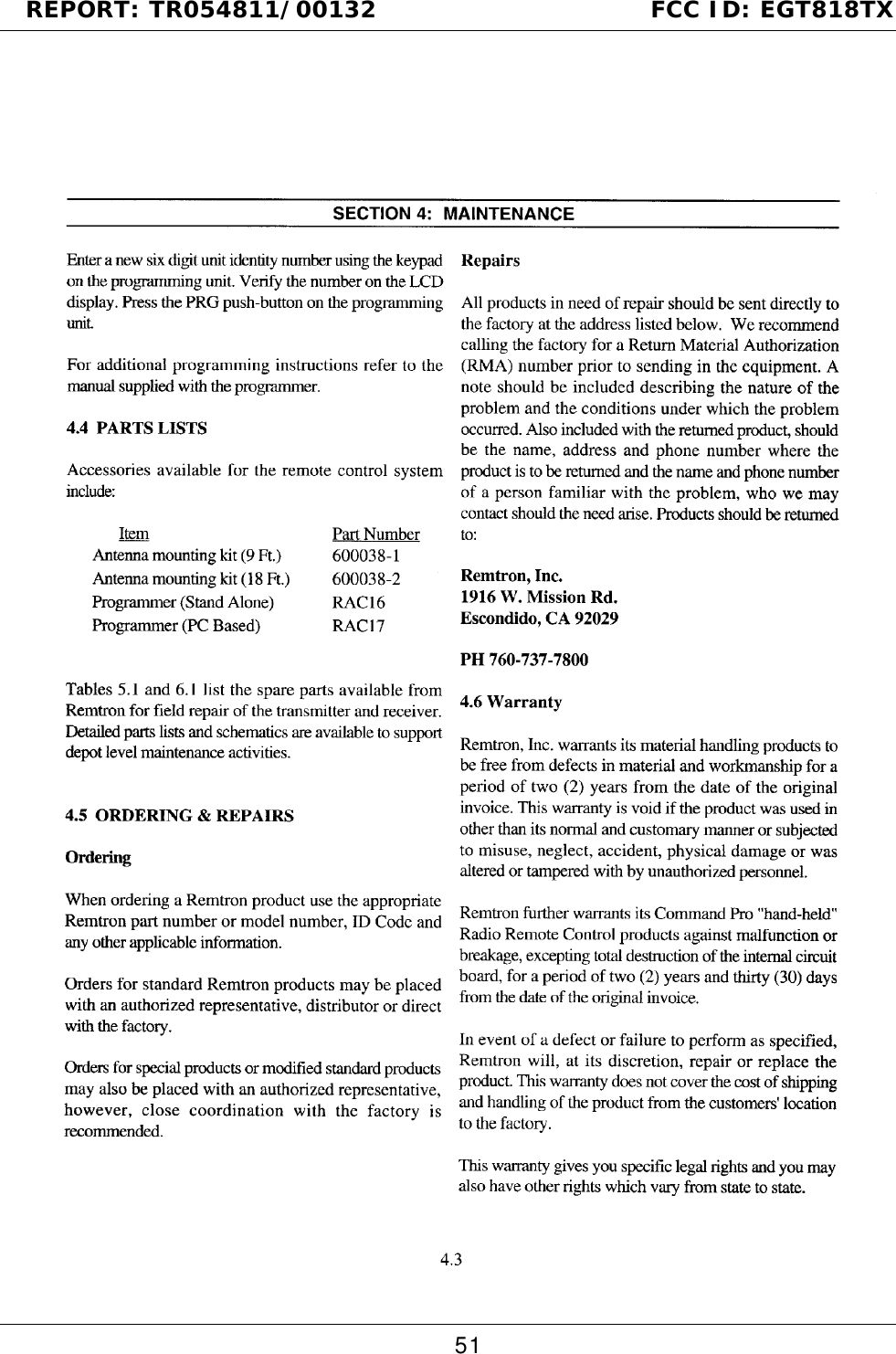 REPORT: TR054811/00132                                FCC ID: EGT818TX51