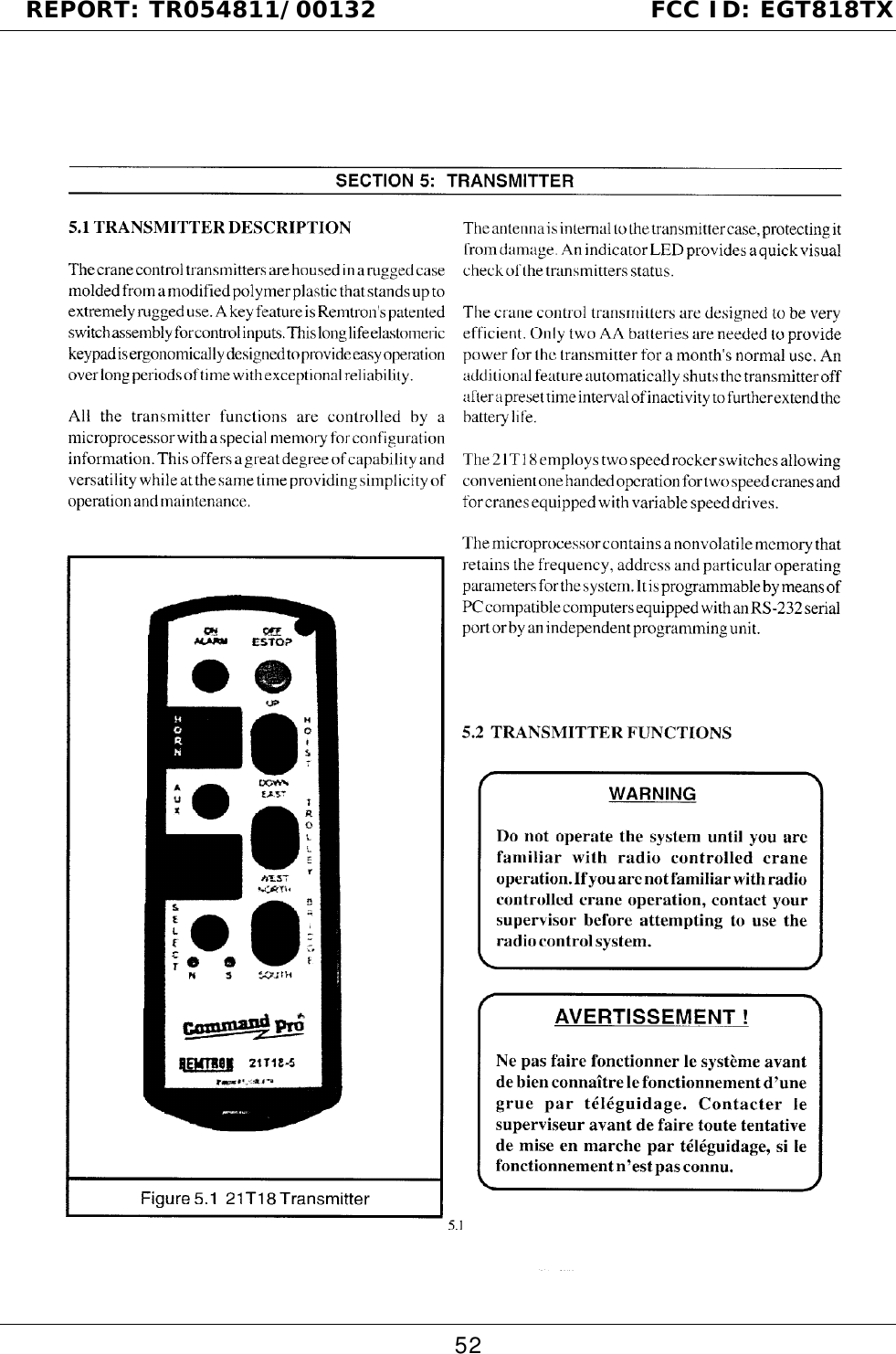 REPORT: TR054811/00132                                FCC ID: EGT818TX52