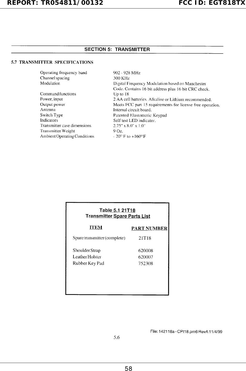 REPORT: TR054811/00132                                FCC ID: EGT818TX58