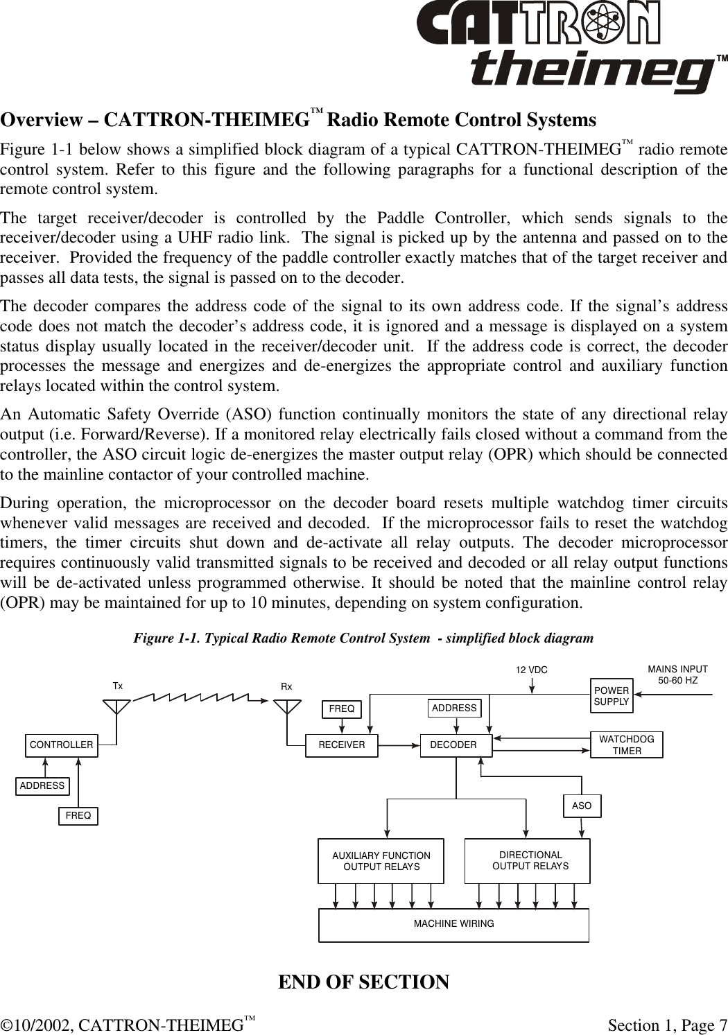  ©10/2002, CATTRON-THEIMEG™  Section 1, Page 7 Overview – CATTRON-THEIMEG™ Radio Remote Control Systems Figure 1-1 below shows a simplified block diagram of a typical CATTRON-THEIMEG™ radio remote control system. Refer to this figure and the following paragraphs for a functional description of the remote control system. The target receiver/decoder is controlled by the Paddle Controller, which sends signals to the receiver/decoder using a UHF radio link.  The signal is picked up by the antenna and passed on to the receiver.  Provided the frequency of the paddle controller exactly matches that of the target receiver and passes all data tests, the signal is passed on to the decoder. The decoder compares the address code of the signal to its own address code. If the signal’s address code does not match the decoder’s address code, it is ignored and a message is displayed on a system status display usually located in the receiver/decoder unit.  If the address code is correct, the decoder processes the message and energizes and de-energizes the appropriate control and auxiliary function relays located within the control system.  An Automatic Safety Override (ASO) function continually monitors the state of any directional relay output (i.e. Forward/Reverse). If a monitored relay electrically fails closed without a command from the controller, the ASO circuit logic de-energizes the master output relay (OPR) which should be connected to the mainline contactor of your controlled machine. During operation, the microprocessor on the decoder board resets multiple watchdog timer circuits whenever valid messages are received and decoded.  If the microprocessor fails to reset the watchdog timers, the timer circuits shut down and de-activate all relay outputs. The decoder microprocessor requires continuously valid transmitted signals to be received and decoded or all relay output functions will be de-activated unless programmed otherwise. It should be noted that the mainline control relay (OPR) may be maintained for up to 10 minutes, depending on system configuration. Figure 1-1. Typical Radio Remote Control System  - simplified block diagram CONTROLLERADDRESS ADDRESS FREQFREQRxTxRECEIVERMACHINE WIRINGDECODER12 VDCPOWERSUPPLYWATCHDOGTIMERMAINS INPUT50-60 HZAUXILIARY FUNCTIONOUTPUT RELAYSDIRECTIONALOUTPUT RELAYSASO END OF SECTION 