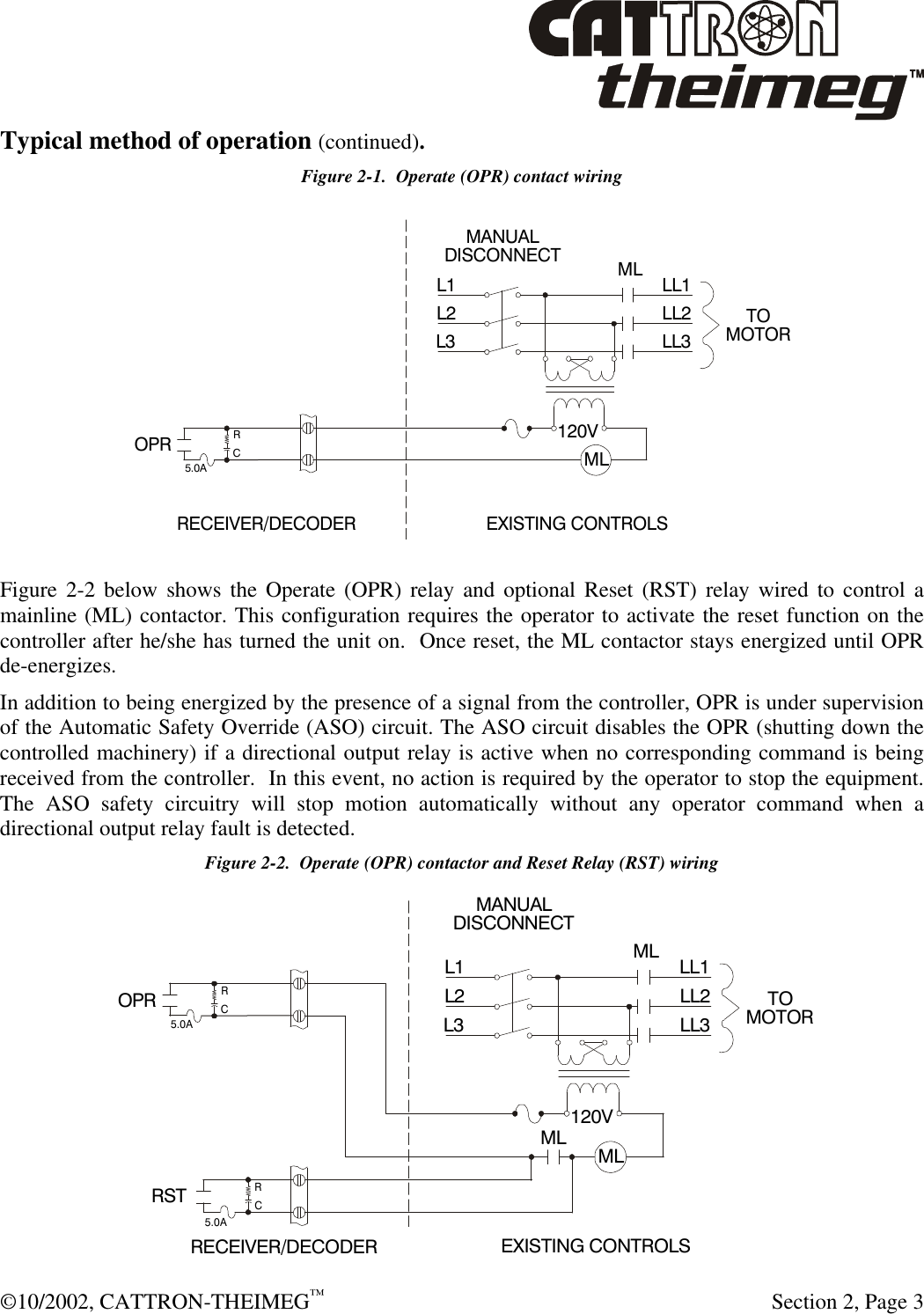  ©10/2002, CATTRON-THEIMEG™   Section 2, Page 3 Typical method of operation (continued).  Figure 2-1.  Operate (OPR) contact wiring   Figure 2-2 below shows the Operate (OPR) relay and optional Reset (RST) relay wired to control a mainline (ML) contactor. This configuration requires the operator to activate the reset function on the controller after he/she has turned the unit on.  Once reset, the ML contactor stays energized until OPR de-energizes.  In addition to being energized by the presence of a signal from the controller, OPR is under supervision of the Automatic Safety Override (ASO) circuit. The ASO circuit disables the OPR (shutting down the controlled machinery) if a directional output relay is active when no corresponding command is being received from the controller.  In this event, no action is required by the operator to stop the equipment. The ASO safety circuitry will stop motion automatically without any operator command when a directional output relay fault is detected. Figure 2-2.  Operate (OPR) contactor and Reset Relay (RST) wiring  120VL1 MLMLMANUALDISCONNECTL2L3 LL1LL2LL3 TOMOTORRECEIVER/DECODEREXISTING CONTROLS OPRRC5.0AOPR120VRSTRRCC5.0A5.0AL1MLMLMLMANUALDISCONNECTL2L3 LL1LL2LL3 TOMOTORRECEIVER/DECODEREXISTING CONTROLS 