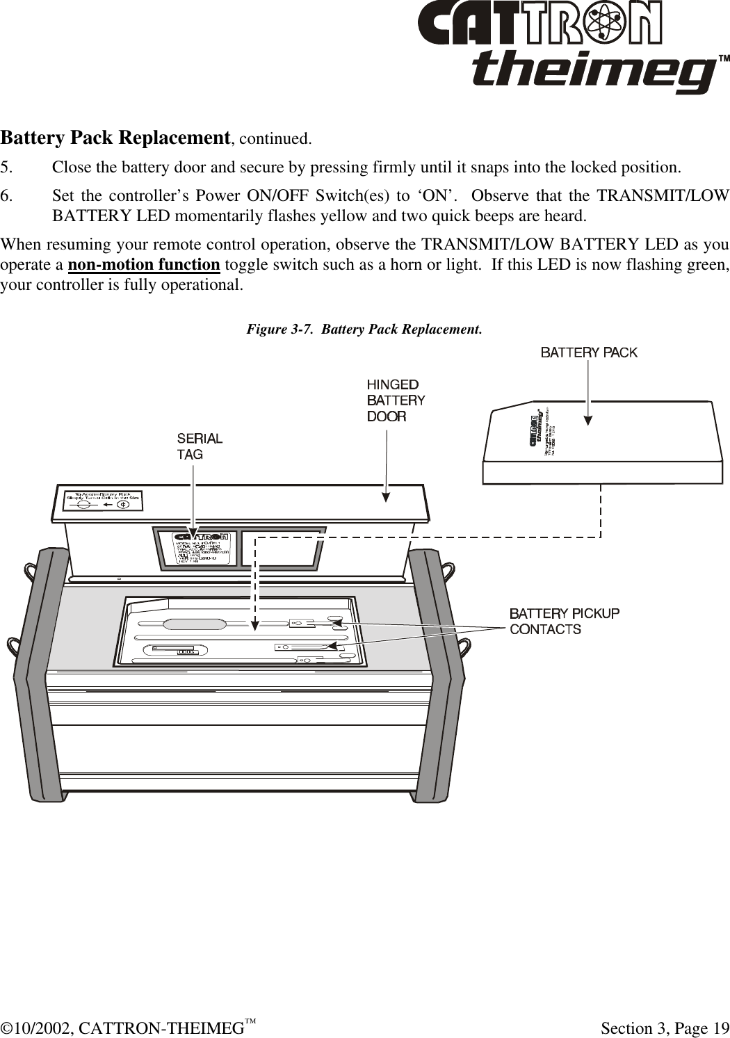  ©10/2002, CATTRON-THEIMEG™   Section 3, Page 19 Battery Pack Replacement, continued. 5. Close the battery door and secure by pressing firmly until it snaps into the locked position.  6. Set the controller’s Power ON/OFF Switch(es) to ‘ON’.  Observe that the TRANSMIT/LOW BATTERY LED momentarily flashes yellow and two quick beeps are heard.  When resuming your remote control operation, observe the TRANSMIT/LOW BATTERY LED as you operate a non-motion function toggle switch such as a horn or light.  If this LED is now flashing green, your controller is fully operational. Figure 3-7.  Battery Pack Replacement.   