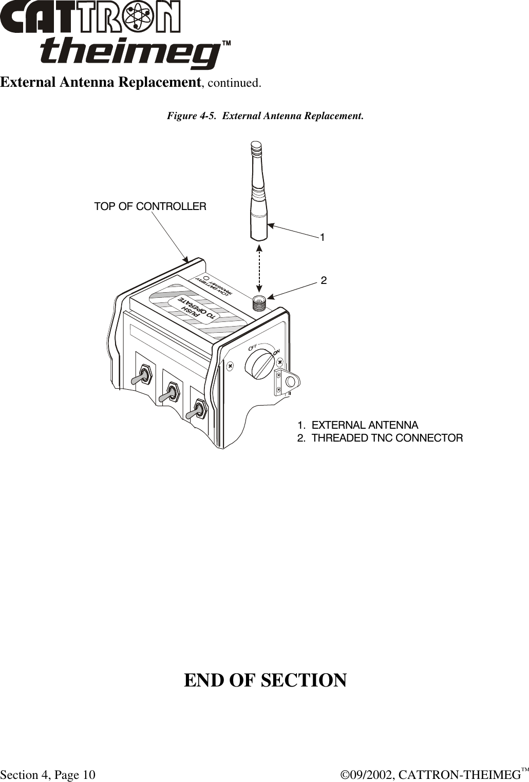  Section 4, Page 10  ©09/2002, CATTRON-THEIMEG™ External Antenna Replacement, continued. Figure 4-5.  External Antenna Replacement.           END OF SECTION  1.  EXTERNAL ANTENNA2.  THREADED TNC CONNECTORTOP OF CONTROLLER21