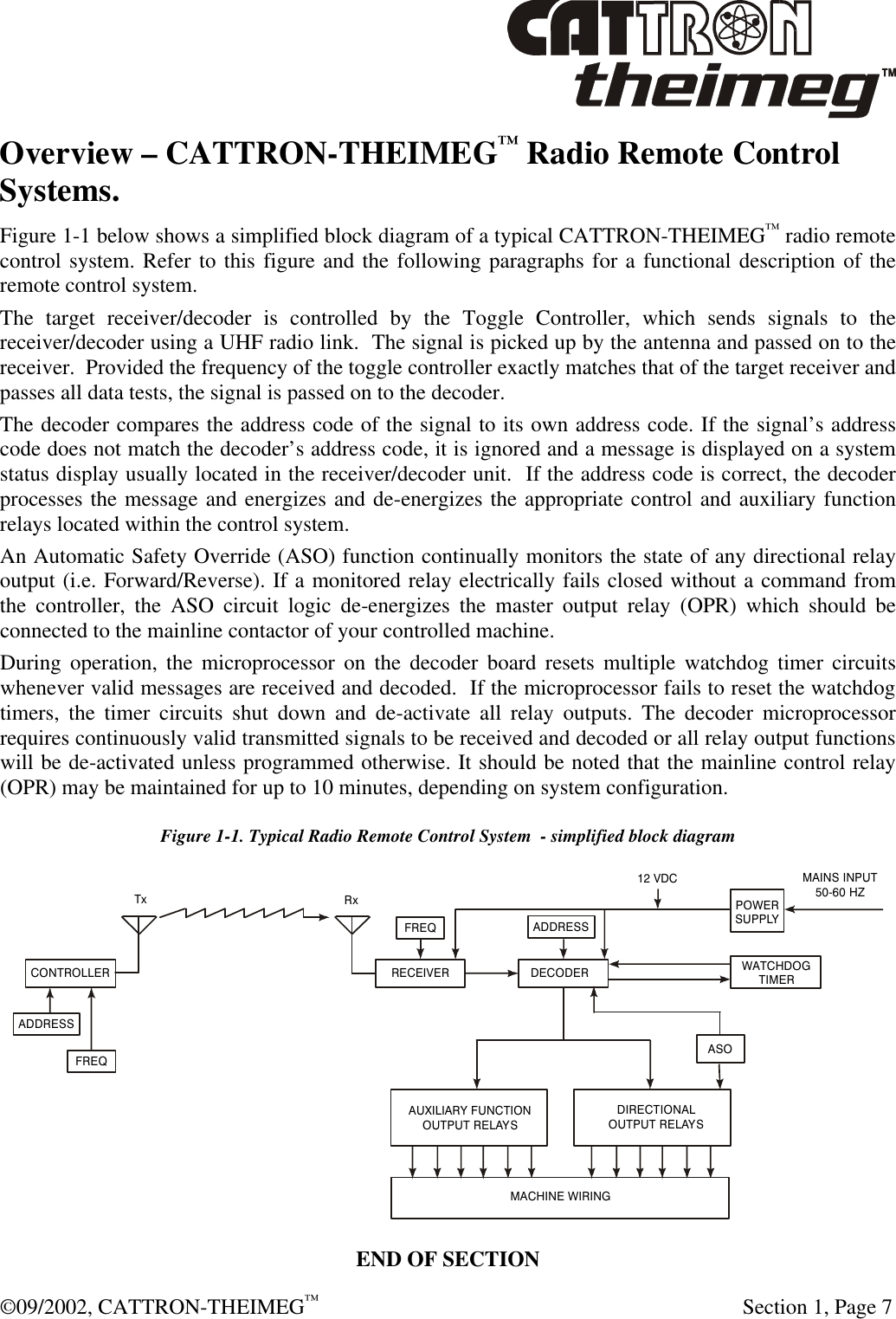  ©09/2002, CATTRON-THEIMEG™   Section 1, Page 7 Overview – CATTRON-THEIMEG™ Radio Remote Control Systems. Figure 1-1 below shows a simplified block diagram of a typical CATTRON-THEIMEG™ radio remote control system. Refer to this figure and the following paragraphs for a functional description of the remote control system. The target receiver/decoder is controlled by the Toggle Controller, which sends signals to the receiver/decoder using a UHF radio link.  The signal is picked up by the antenna and passed on to the receiver.  Provided the frequency of the toggle controller exactly matches that of the target receiver and passes all data tests, the signal is passed on to the decoder. The decoder compares the address code of the signal to its own address code. If the signal’s address code does not match the decoder’s address code, it is ignored and a message is displayed on a system status display usually located in the receiver/decoder unit.  If the address code is correct, the decoder processes the message and energizes and de-energizes the appropriate control and auxiliary function relays located within the control system.  An Automatic Safety Override (ASO) function continually monitors the state of any directional relay output (i.e. Forward/Reverse). If a monitored relay electrically fails closed without a command from the controller, the ASO circuit logic de-energizes the master output relay (OPR) which should be connected to the mainline contactor of your controlled machine. During operation, the microprocessor on the decoder board resets multiple watchdog timer circuits whenever valid messages are received and decoded.  If the microprocessor fails to reset the watchdog timers, the timer circuits shut down and de-activate all relay outputs. The decoder microprocessor requires continuously valid transmitted signals to be received and decoded or all relay output functions will be de-activated unless programmed otherwise. It should be noted that the mainline control relay (OPR) may be maintained for up to 10 minutes, depending on system configuration. Figure 1-1. Typical Radio Remote Control System  - simplified block diagram CONTROLLERADDRESS ADDRESS FREQFREQRxTxRECEIVERMACHINE WIRINGDECODER12 VDCPOWERSUPPLYWATCHDOGTIMERMAINS INPUT50-60 HZAUXILIARY FUNCTIONOUTPUT RELAYSDIRECTIONALOUTPUT RELAYSASO END OF SECTION 