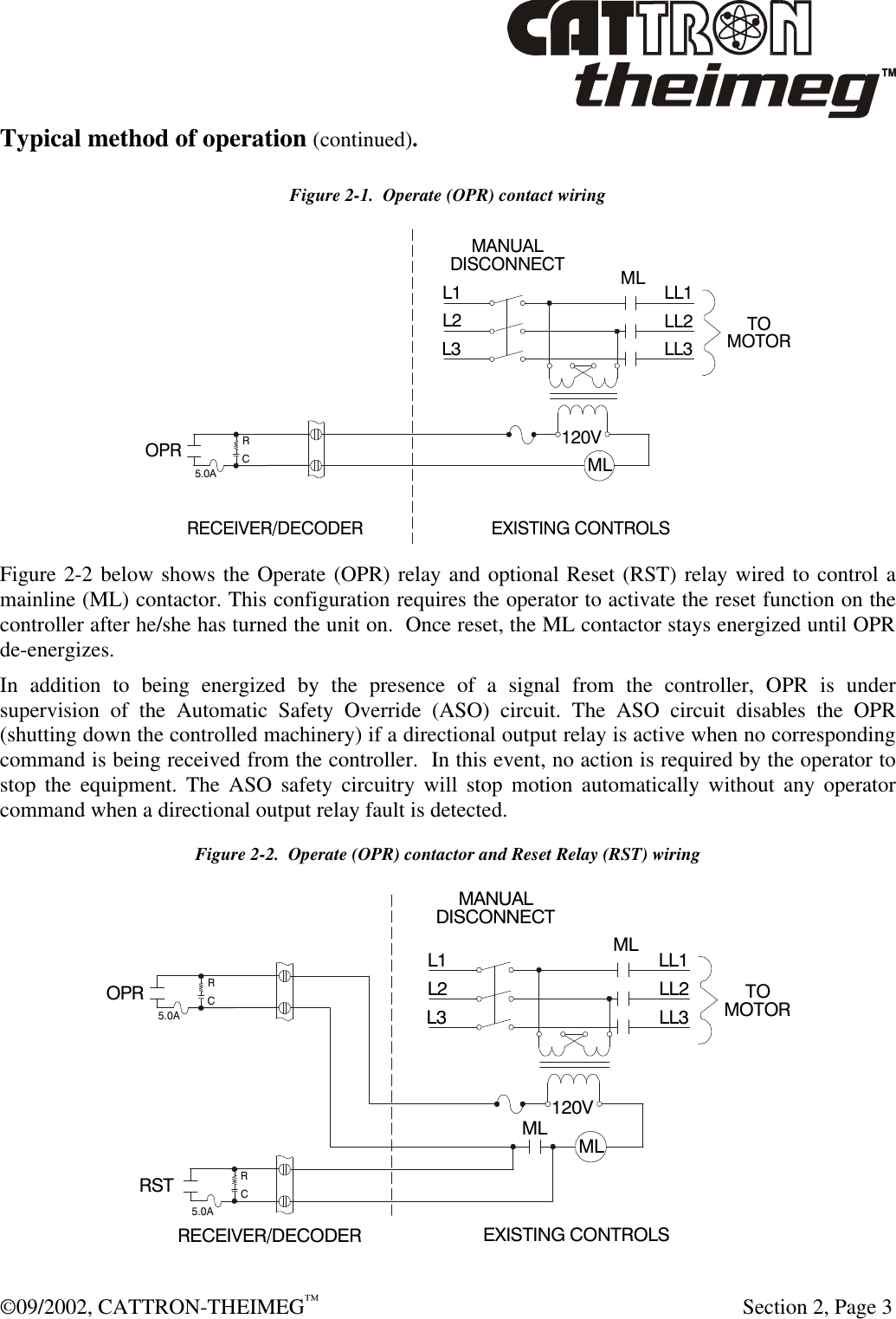  ©09/2002, CATTRON-THEIMEG™   Section 2, Page 3 Typical method of operation (continued).  Figure 2-1.  Operate (OPR) contact wiring  Figure 2-2 below shows the Operate (OPR) relay and optional Reset (RST) relay wired to control a mainline (ML) contactor. This configuration requires the operator to activate the reset function on the controller after he/she has turned the unit on.  Once reset, the ML contactor stays energized until OPR de-energizes.  In addition to being energized by the presence of a signal from the controller, OPR is under supervision of the Automatic Safety Override (ASO) circuit. The ASO circuit disables the OPR (shutting down the controlled machinery) if a directional output relay is active when no corresponding command is being received from the controller.  In this event, no action is required by the operator to stop the equipment. The ASO safety circuitry will stop motion automatically without any operator command when a directional output relay fault is detected. Figure 2-2.  Operate (OPR) contactor and Reset Relay (RST) wiring  OPR120VRSTRRCC5.0A5.0AL1MLMLMLMANUALDISCONNECTL2L3 LL1LL2LL3 TOMOTORRECEIVER/DECODEREXISTING CONTROLS 120VL1 MLMLMANUALDISCONNECTL2L3 LL1LL2LL3 TOMOTORRECEIVER/DECODEREXISTING CONTROLS OPRRC5.0A