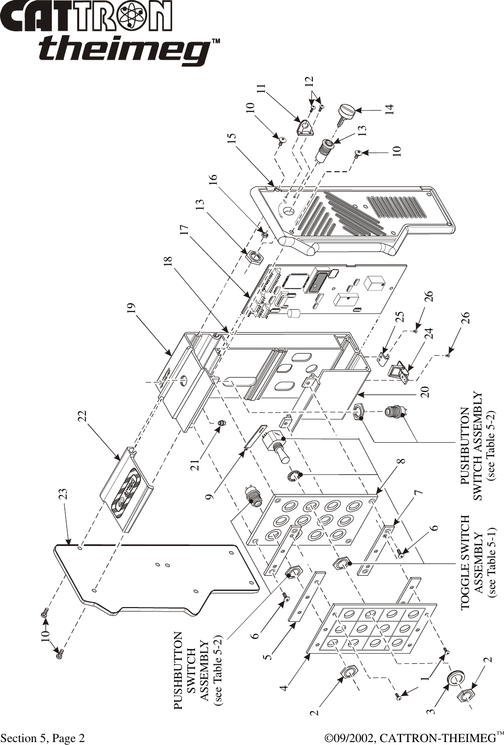  Section 5, Page 2  ©09/2002, CATTRON-THEIMEG™ PUSHBUTTONSWITCH ASSEMBLY(see Table 5-2)101015161112141313171820 24262526132245667891921222310TOGGLE SWITCHASSEMBLY(see Table 5-1)PUSHBUTTONSWITCHASSEMBLY(see Table 5-2) 