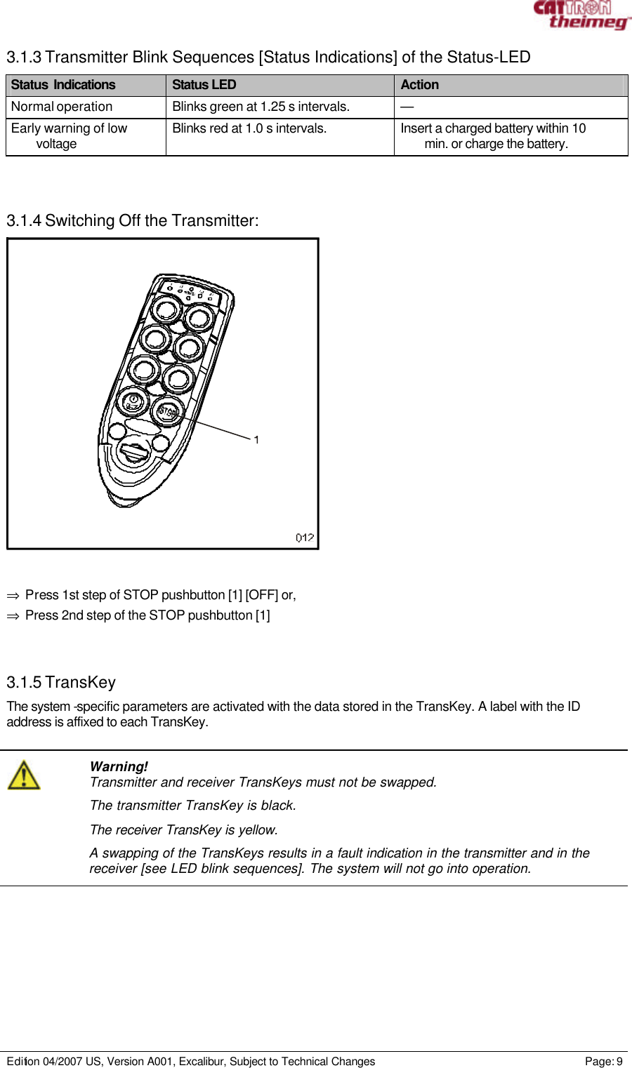     Edition 04/2007 US, Version A001, Excalibur, Subject to Technical Changes                                                             Page: 9  3.1.3 Transmitter Blink Sequences [Status Indications] of the Status-LED Status  Indications  Status LED  Action Normal operation Blinks green at 1.25 s intervals. — Early warning of low voltage Blinks red at 1.0 s intervals. Insert a charged battery within 10 min. or charge the battery.    3.1.4 Switching Off the Transmitter:    ⇒ Press 1st step of STOP pushbutton [1] [OFF] or, ⇒ Press 2nd step of the STOP pushbutton [1]    3.1.5 TransKey The system -specific parameters are activated with the data stored in the TransKey. A label with the ID address is affixed to each TransKey.     Warning! Transmitter and receiver TransKeys must not be swapped. The transmitter TransKey is black. The receiver TransKey is yellow.  A swapping of the TransKeys results in a fault indication in the transmitter and in the receiver [see LED blink sequences]. The system will not go into operation.   