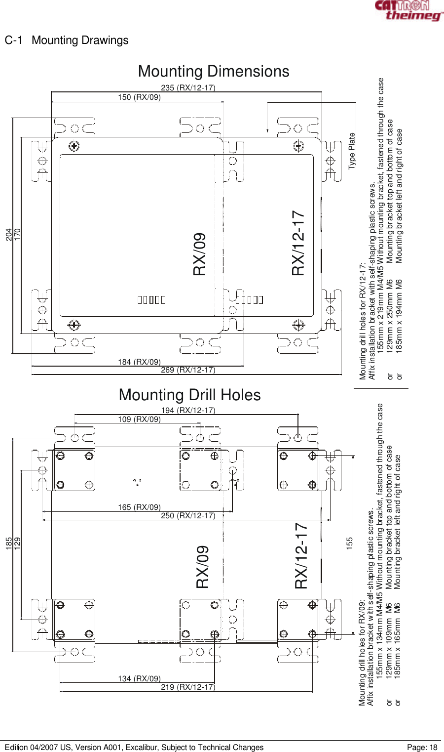     Edition 04/2007 US, Version A001, Excalibur, Subject to Technical Changes                                                             Page: 18  C-1 Mounting Drawings  204150 (RX/09)235 (RX/12-17)269 (RX/12-17)184 (RX/09)170250 (RX/12-17)165 (RX/09)219 (RX/12-17)134 (RX/09)185155194 (RX/12-17)RX/09109 (RX/09)129Mounting drill holes for RX/12-17:Affix installation bracket with self-shaping plastic screws.            155mm x 219mm M4/M5 Without mounting bracket, fastened through the caseor         129mm x 250mm M6       Mounting bracket top and bottom of caseor         185mm x 194mm M6       Mounting bracket left and right of caseMounting drill holes for RX/09:Affix installation bracket with self-shaping plastic screws.            155mm x 134mm M4/M5 Without mounting bracket, fastened through the caseor         129mm x 109mm  M6      Mounting bracket top and bottom of caseor         185mm x 165mm  M6      Mounting bracket left and right of caseType PlateRX/12-17 RX/12-17RX/09Mounting Drill HolesMounting Dimensions 