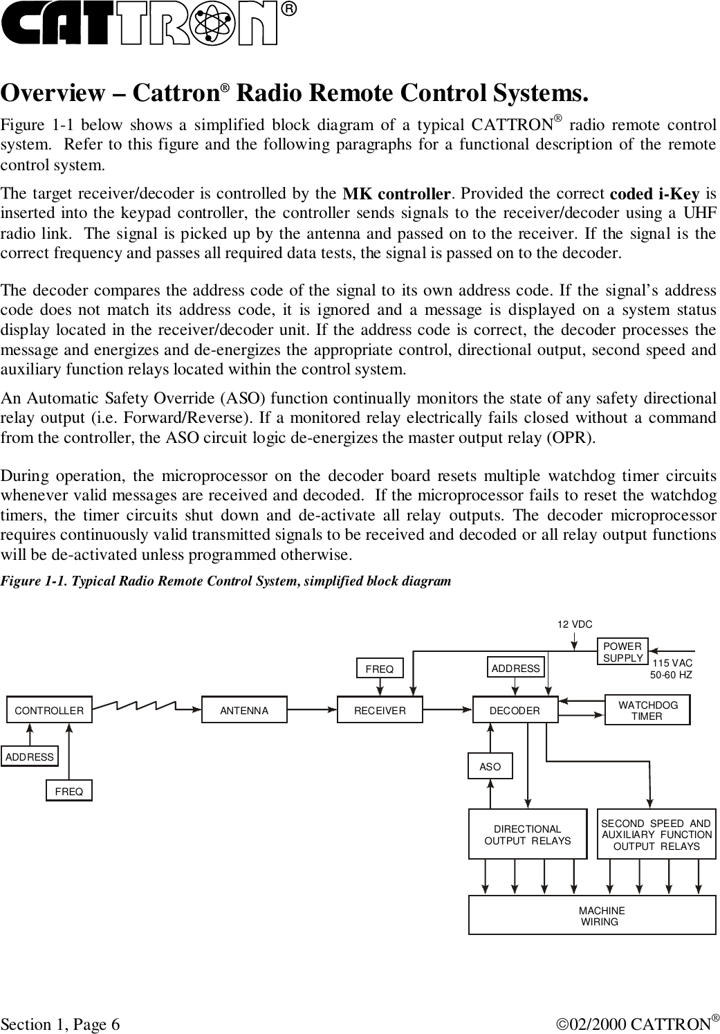 RSection 1, Page 6 02/2000 CATTRON®Overview – Cattron® Radio Remote Control Systems.Figure 1-1 below shows a simplified block diagram of a typical CATTRON® radio remote controlsystem.  Refer to this figure and the following paragraphs for a functional description of the remotecontrol system.The target receiver/decoder is controlled by the MK controller. Provided the correct coded i-Key isinserted into the keypad controller, the controller sends signals to the receiver/decoder using a UHFradio link.  The signal is picked up by the antenna and passed on to the receiver. If the signal is thecorrect frequency and passes all required data tests, the signal is passed on to the decoder.The decoder compares the address code of the signal to its own address code. If the signal’s addresscode does not match its address code, it is ignored and a message is displayed on a system statusdisplay located in the receiver/decoder unit. If the address code is correct, the decoder processes themessage and energizes and de-energizes the appropriate control, directional output, second speed andauxiliary function relays located within the control system.An Automatic Safety Override (ASO) function continually monitors the state of any safety directionalrelay output (i.e. Forward/Reverse). If a monitored relay electrically fails closed without a commandfrom the controller, the ASO circuit logic de-energizes the master output relay (OPR).During operation, the microprocessor on the decoder board resets multiple watchdog timer circuitswhenever valid messages are received and decoded.  If the microprocessor fails to reset the watchdogtimers, the timer circuits shut down and de-activate all relay outputs. The decoder microprocessorrequires continuously valid transmitted signals to be received and decoded or all relay output functionswill be de-activated unless programmed otherwise.Figure 1-1. Typical Radio Remote Control System, simplified block diagramCONTROLLERADDRESSADDRESSFREQANTENNAFREQRECEIVER DECODER12 VDCPOWERSUPPLYWATCHDOGTIMER115 VAC50-60 HZDIRECTIONALOUTPUT  RELAYSSECOND  SPEED  ANDAUXILIARY  FUNCTIONOUTPUT  RELAYSMACHINEWIRINGASO