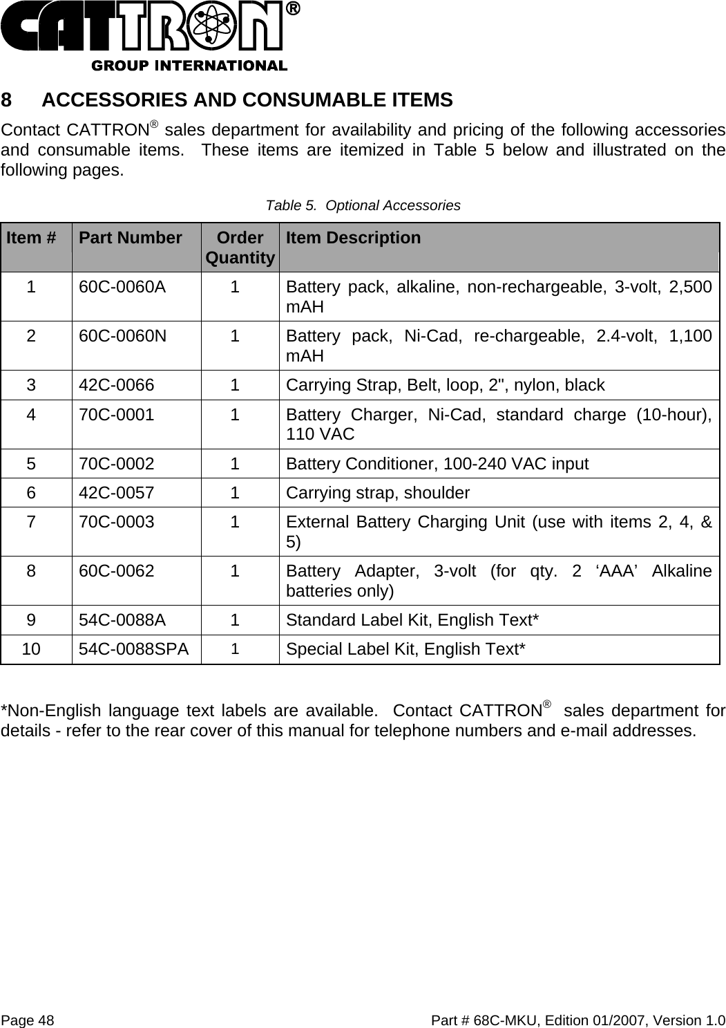  Page 48    Part # 68C-MKU, Edition 01/2007, Version 1.0 8  ACCESSORIES AND CONSUMABLE ITEMS  Contact CATTRON® sales department for availability and pricing of the following accessories and consumable items.  These items are itemized in Table 5 below and illustrated on the following pages. Table 5.  Optional Accessories Item #  Part Number  Order Quantity  Item Description 1  60C-0060A  1  Battery pack, alkaline, non-rechargeable, 3-volt, 2,500 mAH 2  60C-0060N  1  Battery pack, Ni-Cad, re-chargeable, 2.4-volt, 1,100 mAH 3  42C-0066  1  Carrying Strap, Belt, loop, 2&quot;, nylon, black 4 70C-0001  1  Battery Charger, Ni-Cad, standard charge (10-hour), 110 VAC 5  70C-0002  1  Battery Conditioner, 100-240 VAC input 6  42C-0057  1  Carrying strap, shoulder 7  70C-0003  1  External Battery Charging Unit (use with items 2, 4, &amp; 5) 8  60C-0062  1  Battery Adapter, 3-volt (for qty. 2 ‘AAA’ Alkaline batteries only) 9  54C-0088A  1  Standard Label Kit, English Text* 10 54C-0088SPA  1  Special Label Kit, English Text*  *Non-English language text labels are available.  Contact CATTRON®   sales department for details - refer to the rear cover of this manual for telephone numbers and e-mail addresses.  